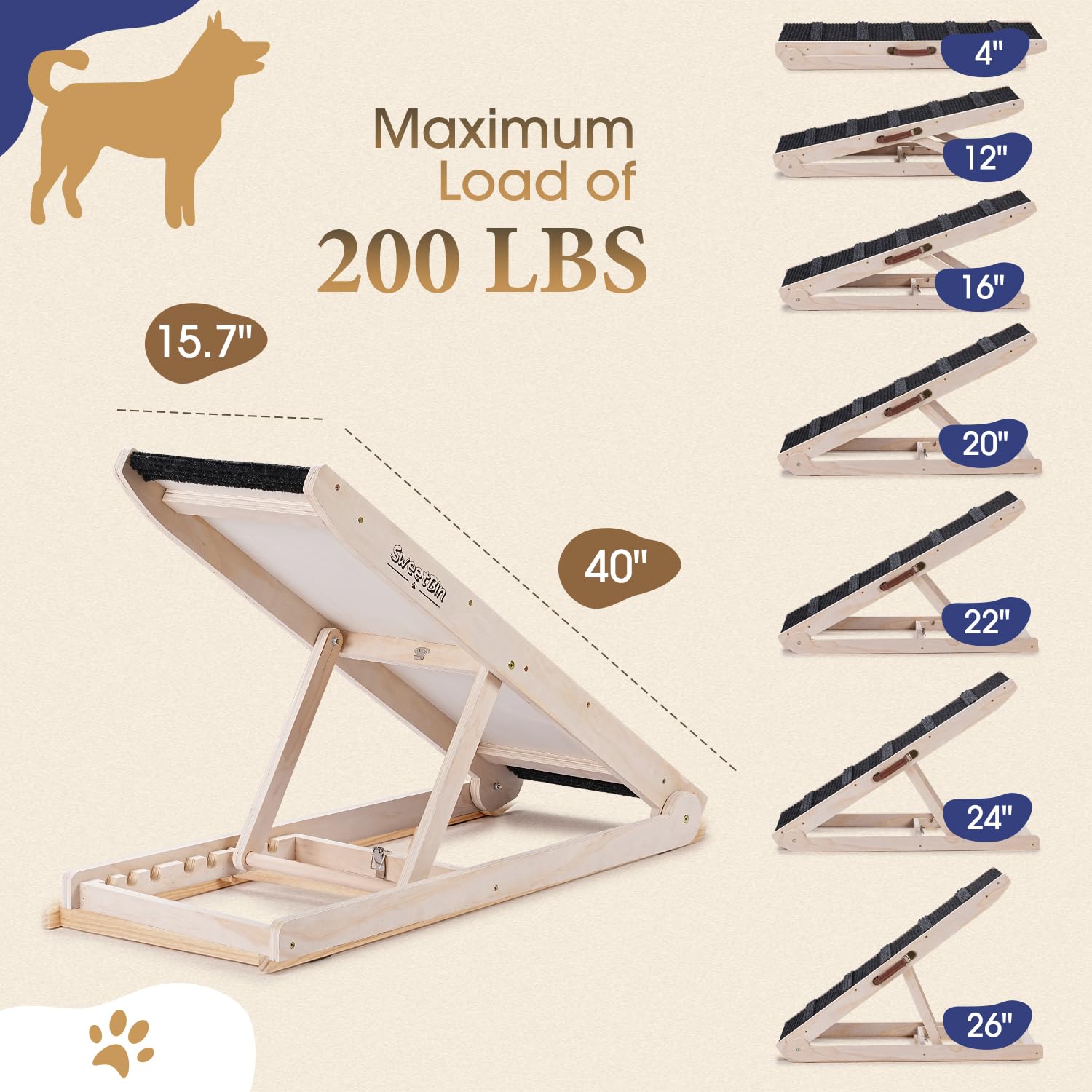 Sweetbin Wooden Adjustable Pet Ramp For All Dogs And Cats - Non Slip Carpet Surface And Foot Pads - 40' Long And Adjustable From 12” To 26” - Up To 200Lbs - Folding Dog Car Ramps For Suv, Bed, Couch