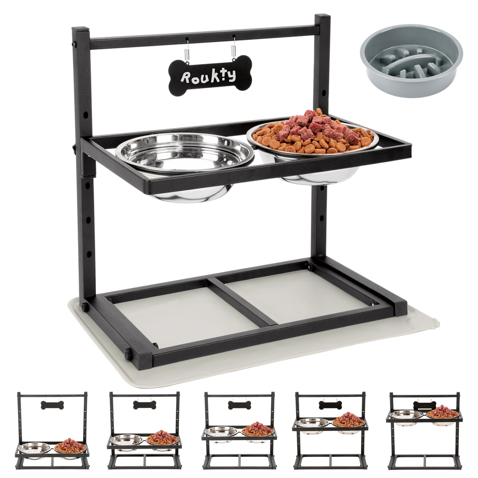 Adengl Elevated Dog Bowls With Slow Feeder, 5 Adjustable Heights, Anti-Slip, Durable Metal Frame, Spill Proof Mat, Rust-Resistan