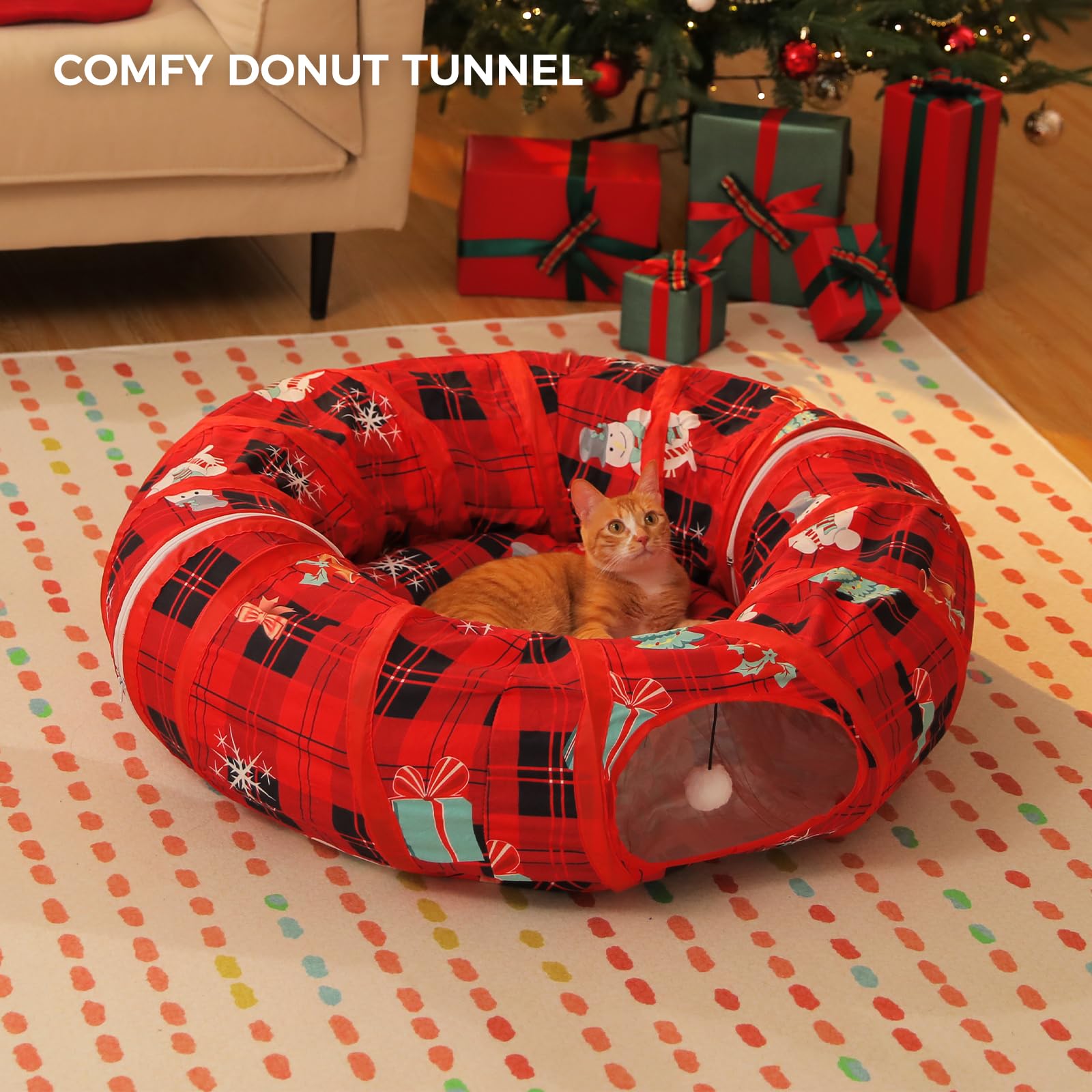 Pawz Road Cat Tunnel, Red Cat Donut Tunnel Collapsible Cat Tunnel Tube Dia-38 Inches With Soft Mat For Indoor Cats, Rabbits And