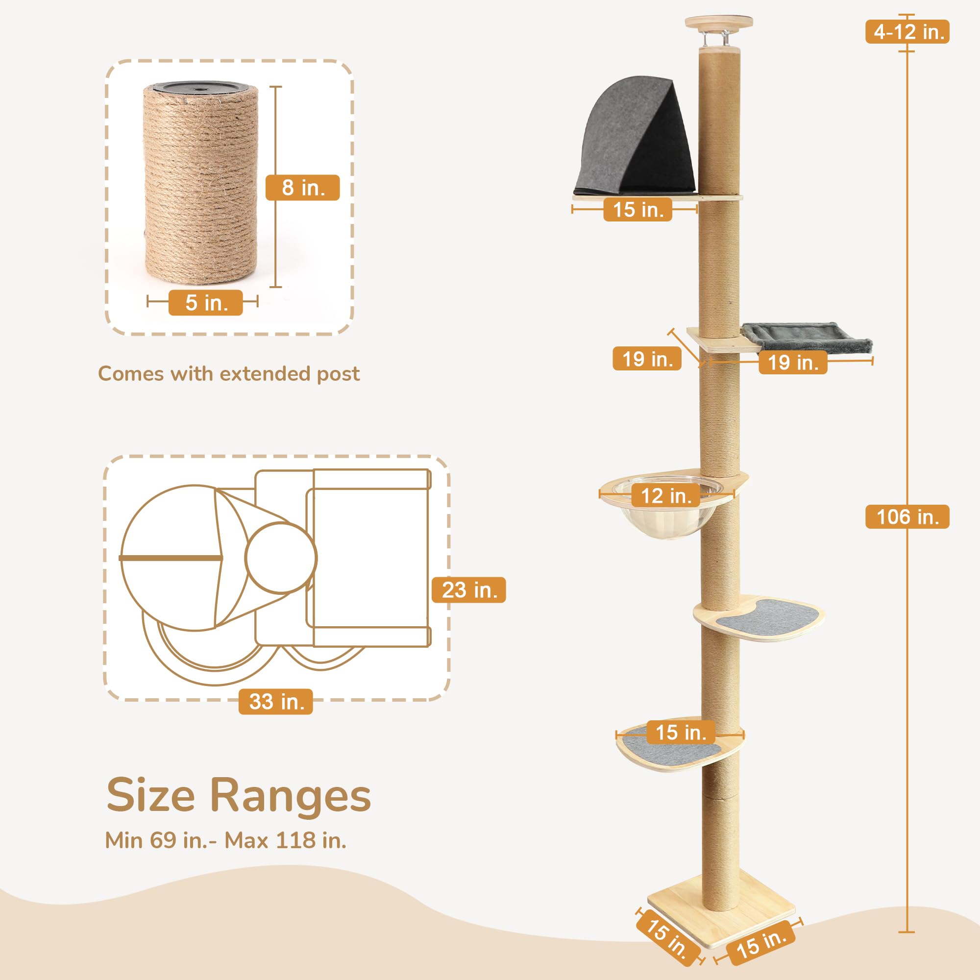 Fukumaru Floor To Ceiling Cat Tree, 6 Level Adjustable Height (5.7-9.8 Ft) Climbing Tower With Thickened Scratching Posts, Cats