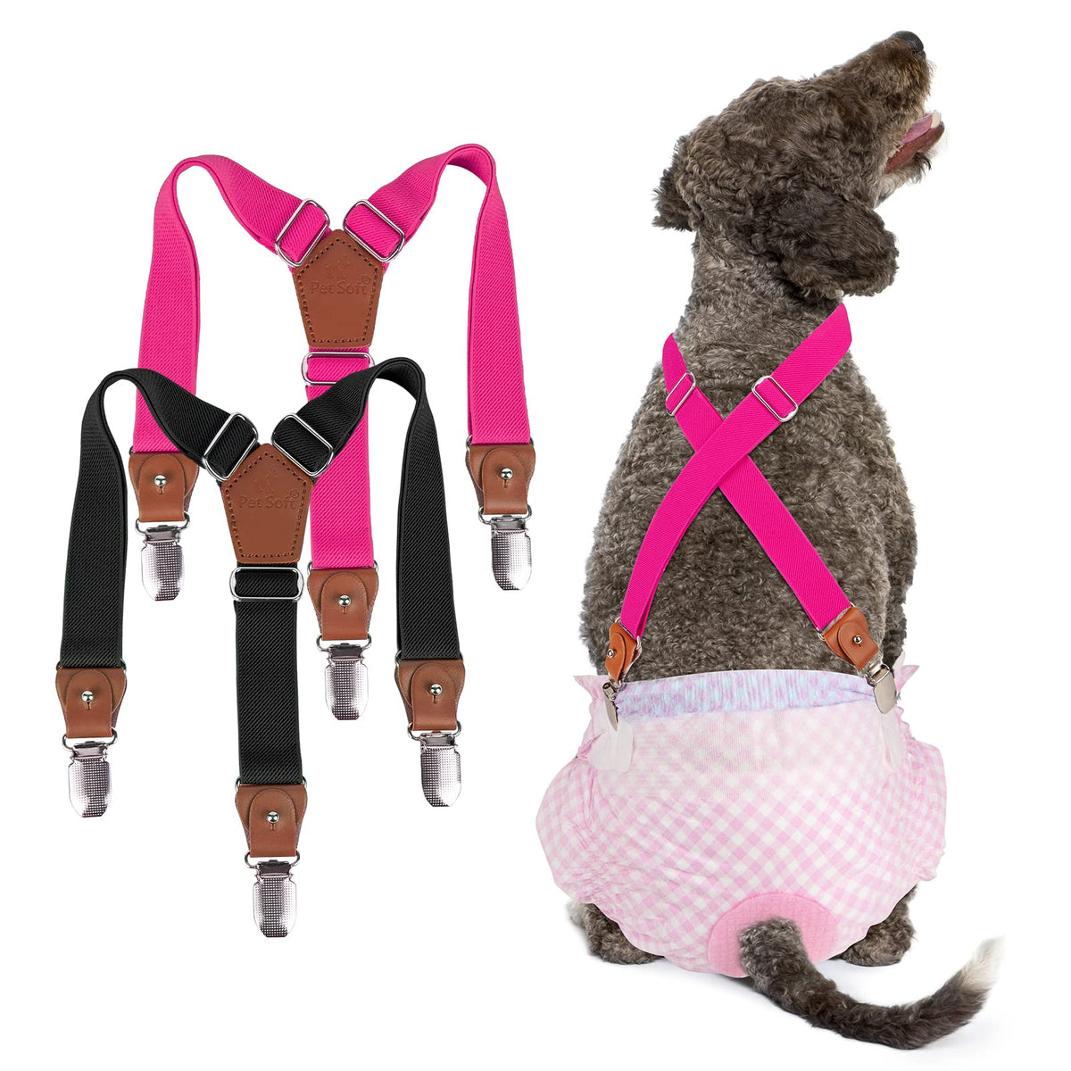 Pet Soft Dog Suspenders 2 Pieces Female Dog Diaper Suspenders For Dogs Diaper Keeper Suspender For Dog Skirt, Dog Dress (Black &