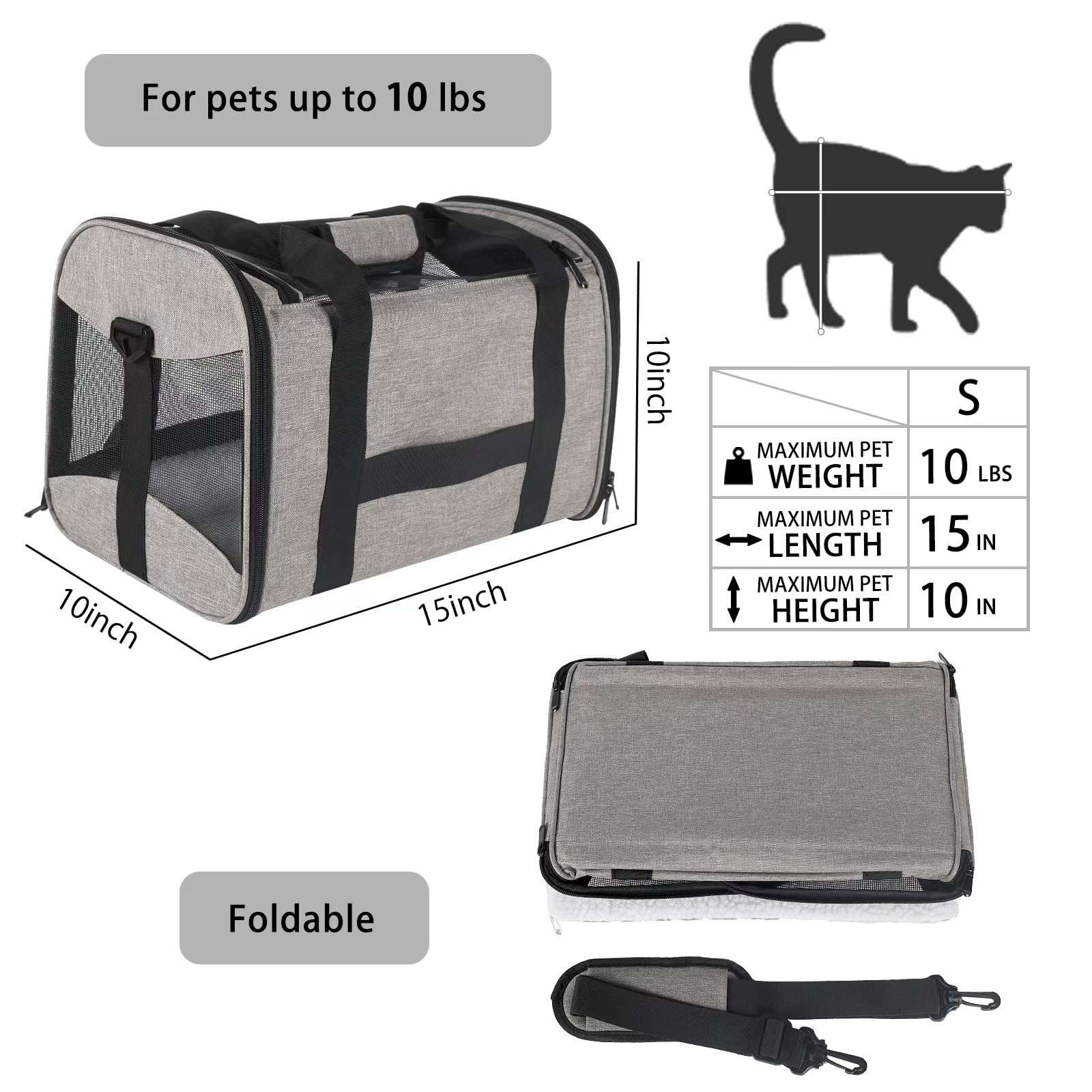 Cat Carrying Case - Pet Carrier Airline Approved, Protable And Breathable Pet Travel Carrier Removable Fleece Pad, Collapsible Cat Carrier Dog Carrier For Medium Cats Small Cats Dogs(15 * 10 * 10)