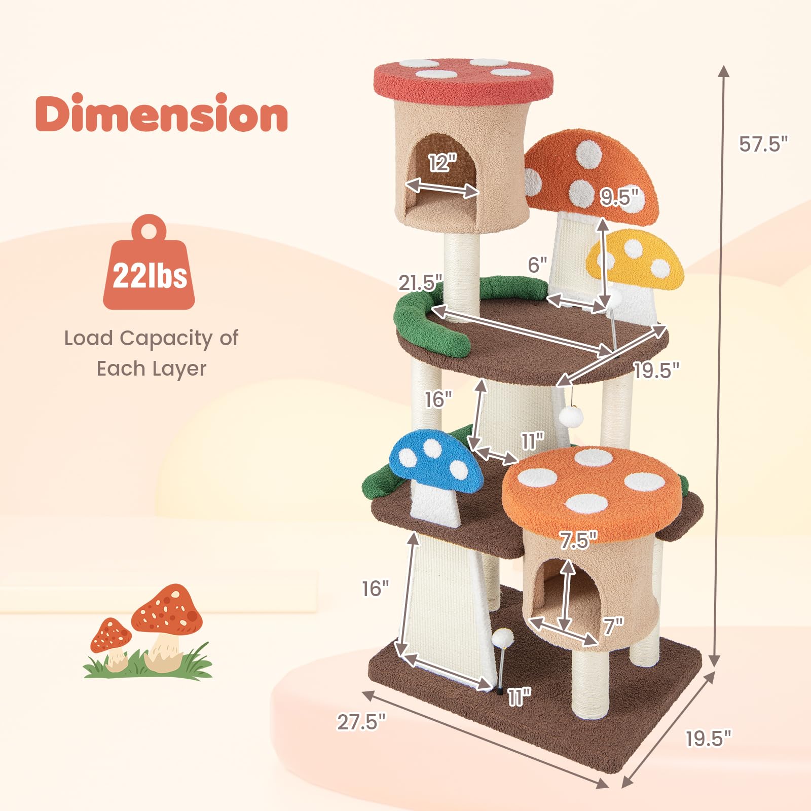Nightcore Mushroom Small Cat Tree, 57.5'' Multi-Level Cat Tower W/Natural Sisal Scratching Posts & Boards, Cat Tree W/Interactiv