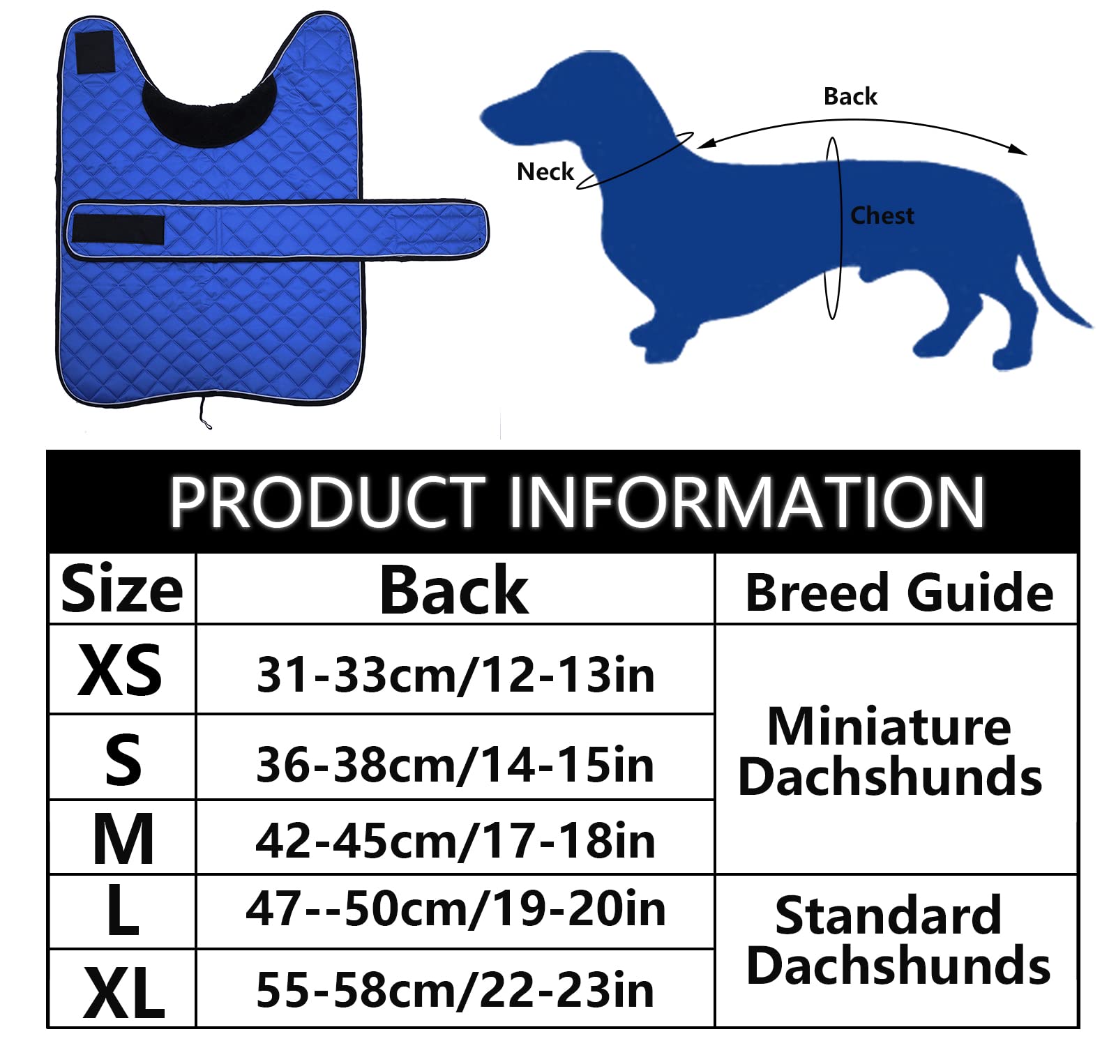 Warm Thermal Quilted Dachshund Coat, Dog Winter Coat With Warm Fleece Lining, Outdoor Dog Apparel With Adjustable Bands For Medium, Large Dog-Blue-S