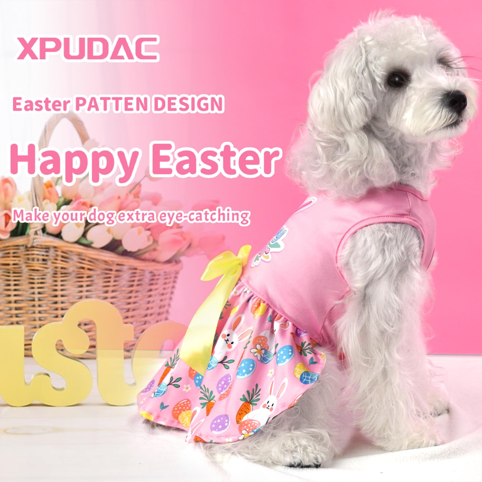Xpudac Happy Easter Day Dog Dress For Small Dogs Girl Bunny Eggs Tulle Holiday Pet Outfit, Cat Costume -Small