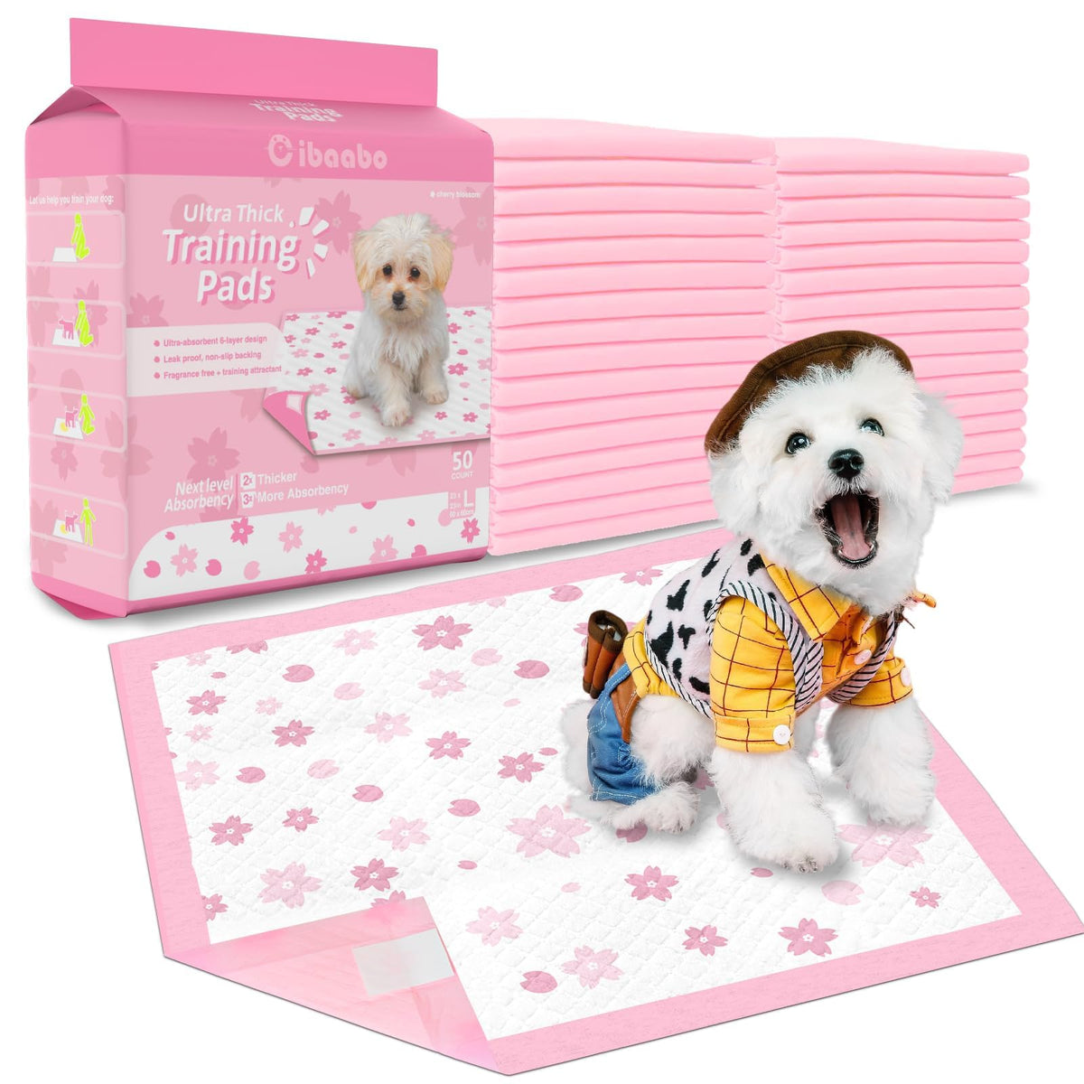Pink Puppy Pads, Absorbent 23''X 23'' 50 Count Cute Dog Pee Pad With Adhesive Tabs For Potty Training, Leak-Proof Quiky-Dry Pads