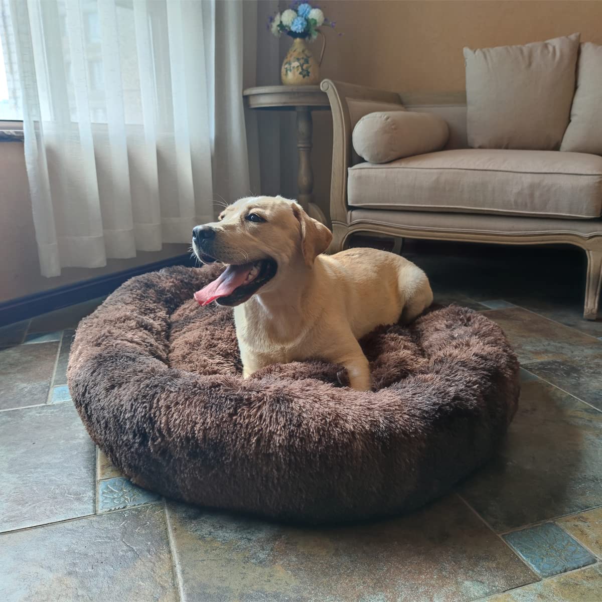 Coohom Oval Calming Donut Cuddler Dog Bed,Shag Faux Fur Cat Bed Washable Round Pillow Pet Bed(30 /36 ) for Small Medium Dogs (XX