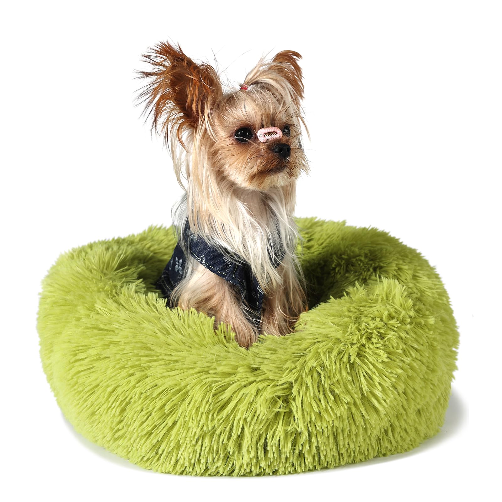 Extra Small Dog Bed Green Washable 15 inches Donut Soft Small Pet Bed,Calming Anti Anxiety Round Fits up to 5 lbs Warm Comfort P