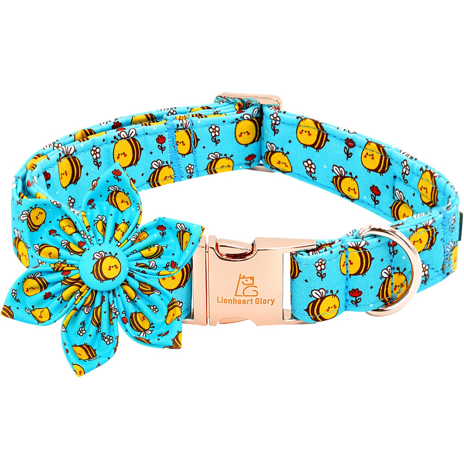 Lionheart Glory Dog Collar With Flower Dog Collar For Small Dogs, Bees Print Dog Flower Collars Spring Blue Cute Collars Pet Col