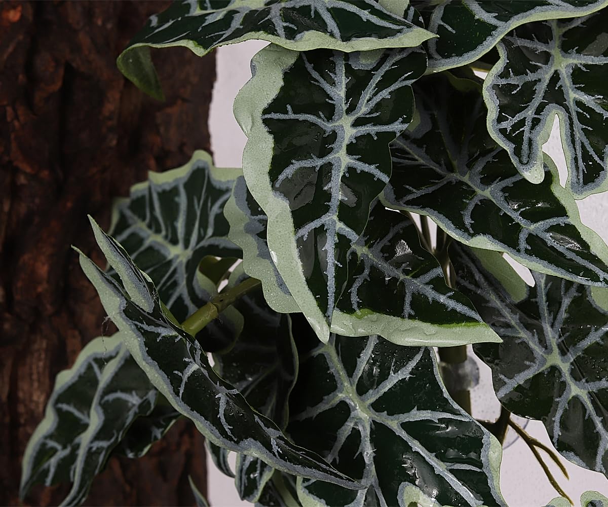 Woledoe Reptile Plants For Terrarium, Amphibian Habitat Decor Artificial Hanging Plants With Suction Cup - Fake Alocasia Black V