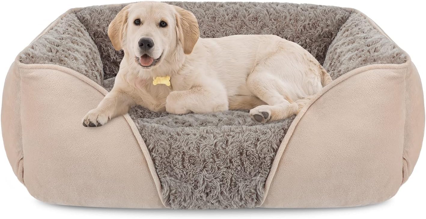Invenho Large Rectangle Orthopedic Dog Bed For Medium Small Dogs, Washable Soft Calming Puppy Sleeping Cuddler With Anti-Slip Bo