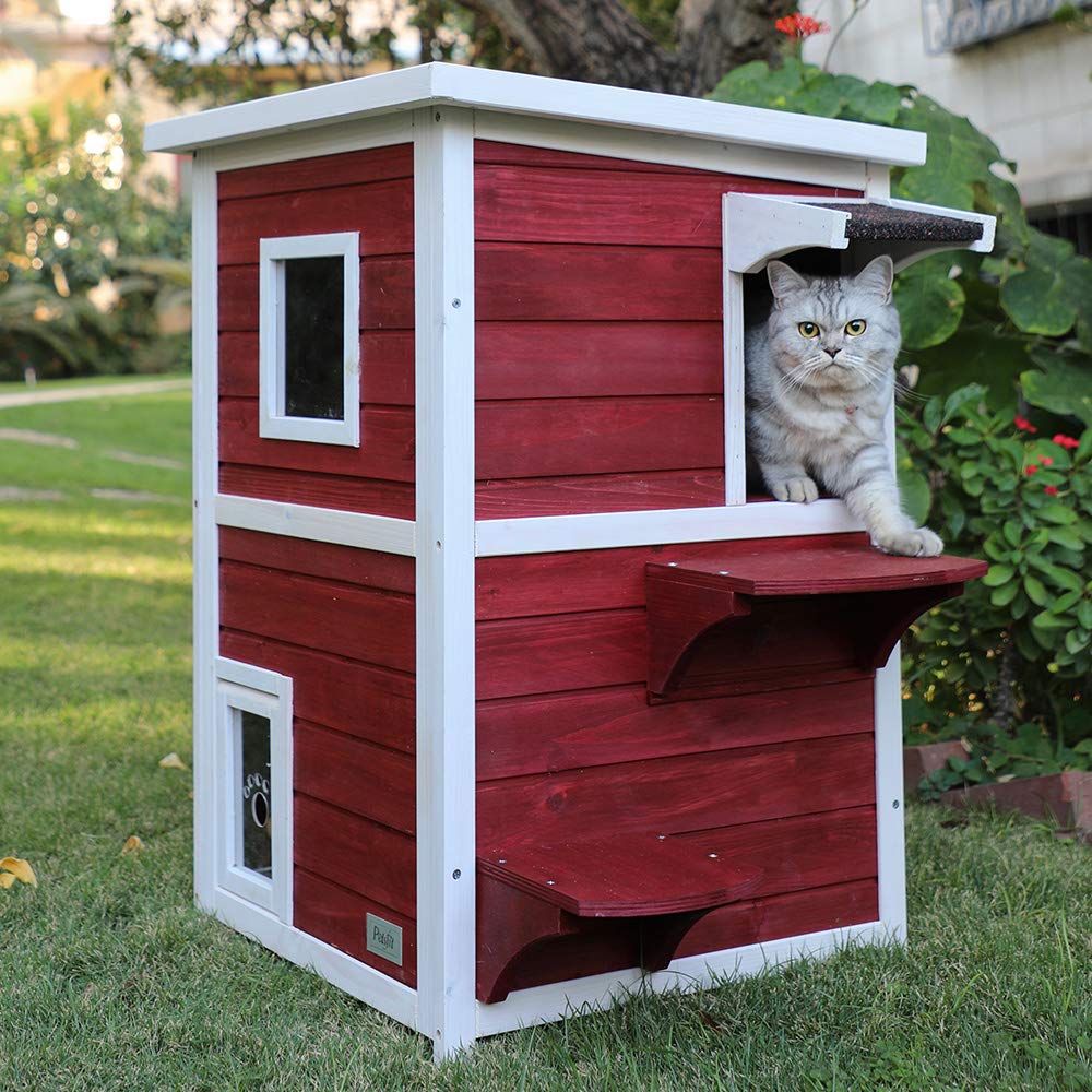 Petsfit Outdoor Cat House, 2 Story Outside Cat Shelter Condo Enclosure With Escape Door For Stray Feral Cats Weatherproof