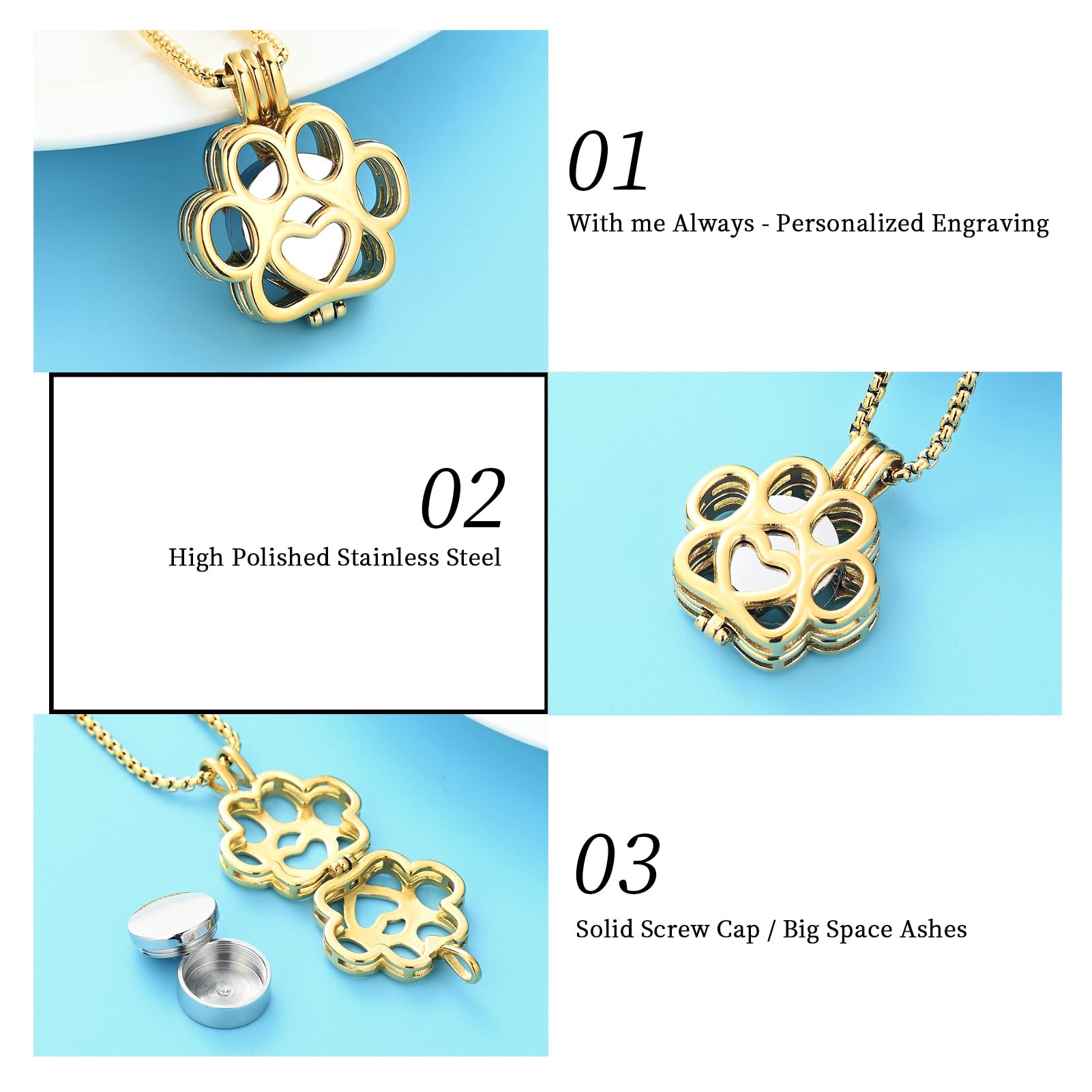 Oinsi Pet Cremation Jewelry For Ashes For Dog/Cat Paw Stainless Steel Memorial Locket Urn Necklace Inside Mini Case Keepsake Cremation Jewelry Women Men (Gold With Silver)