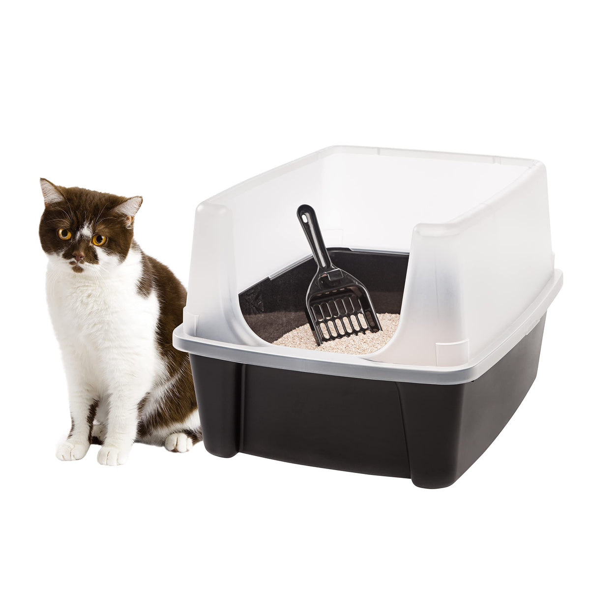 Iris Usa Large Cat Litter Box With Scatter Shield And Scoop, Open Top High Sided Cat Litter Pan, Black