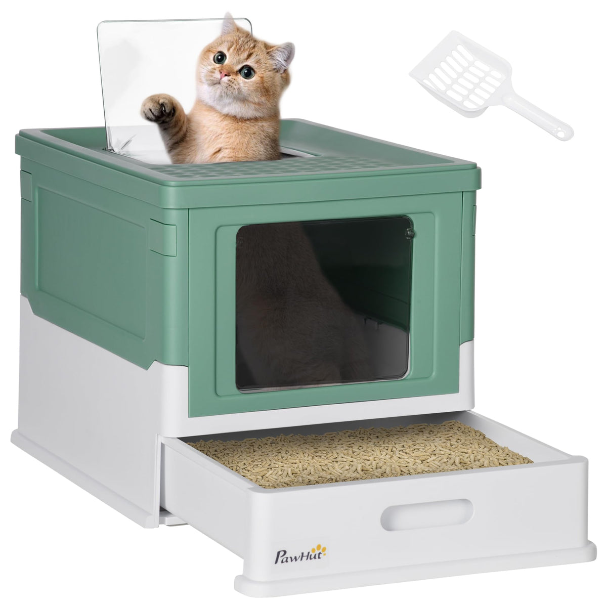 Pawhut Folding Litter Box For Cats Closed Litter Box For Cats With Removable Cover Removable Tray Folding Roof Entrance Door And Shovel 47.5 X 35.5 X 36.5 Cm Green