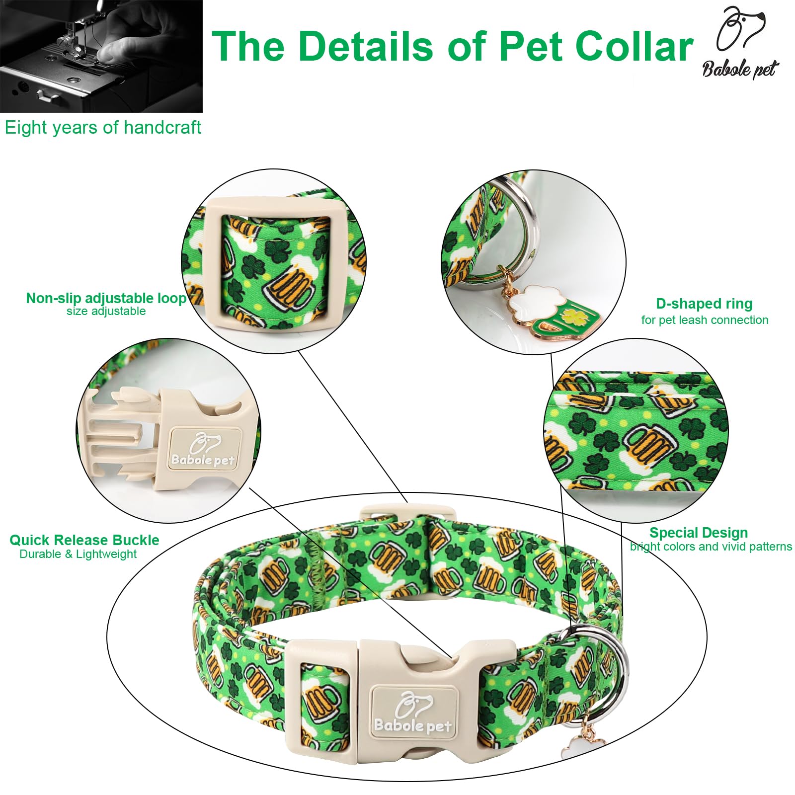 Babole Pet St Patricks Day Dog Collar for Large Dogs - Design Cute Irish Shamrock Beer Dog Collars Boy Girl Puppy Adjustable Qui