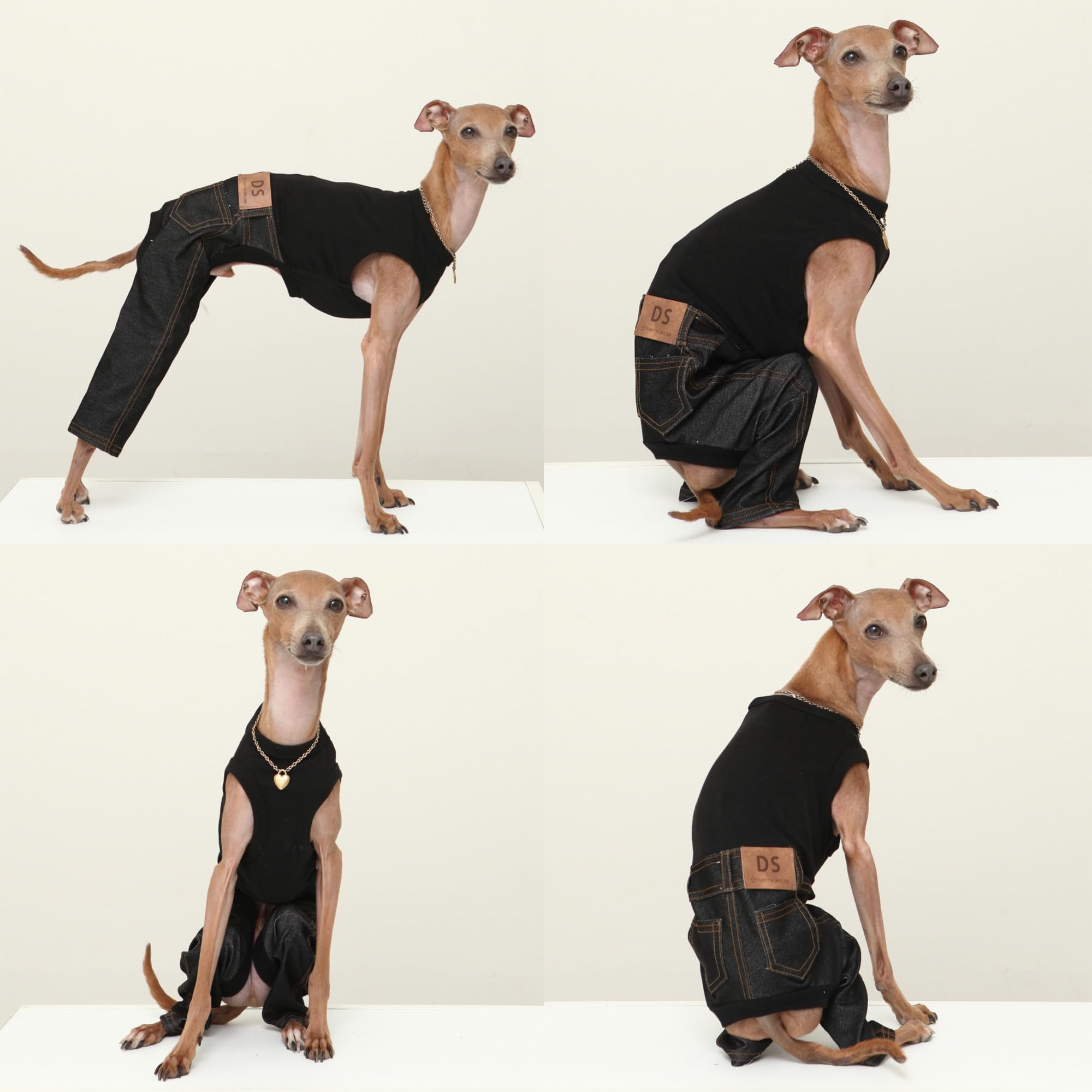 D Doggy Star Italian Greyhound Clothes Sleeveless Jeans Onesie Outfit Whippet For Dog Coat (2Xl,Black Jean)