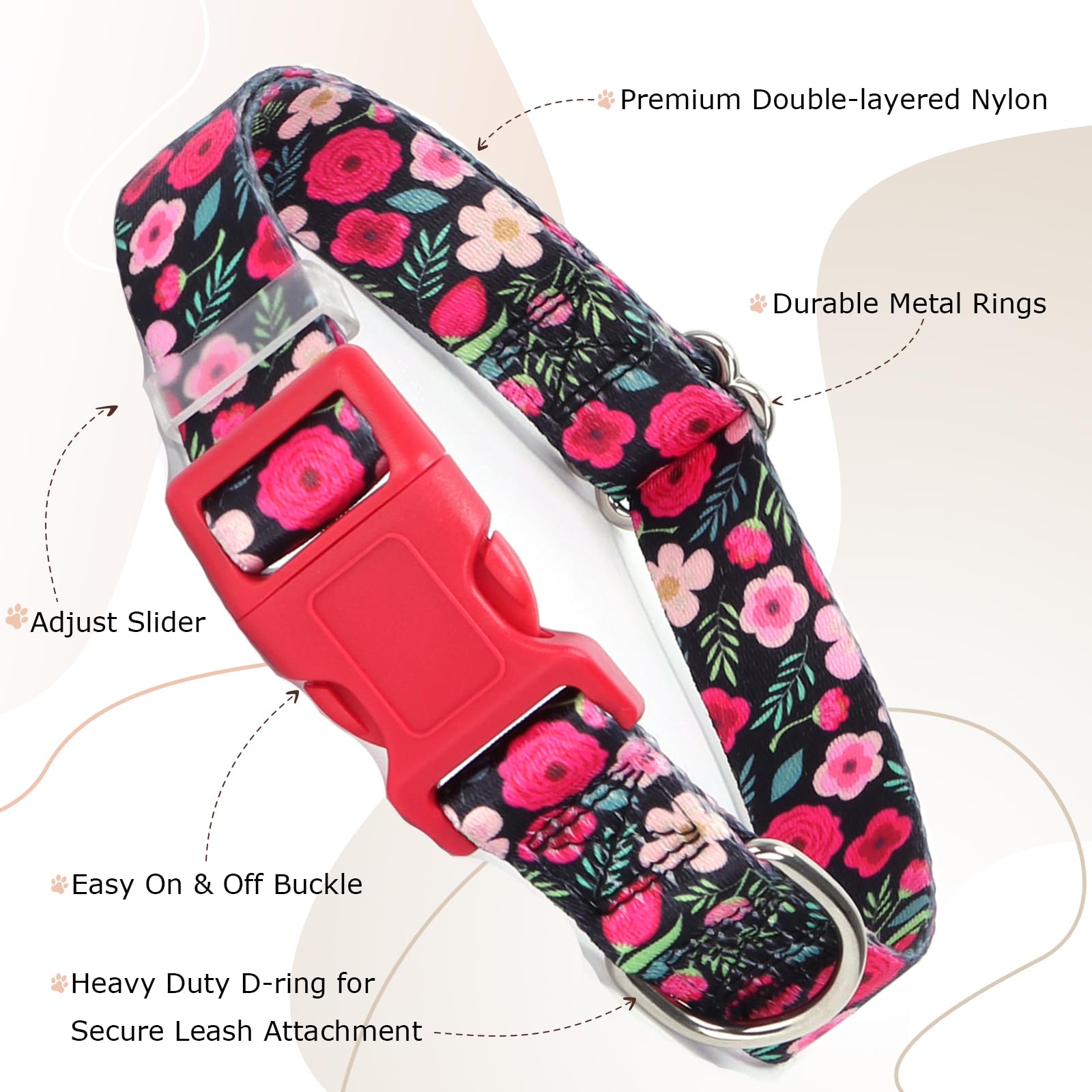 Girl Dog Collar With Red Flowers, Cut Female Dog Collar With Quick Release Buckle & Adjustable Comfy Pet Collar For Xs Small Med