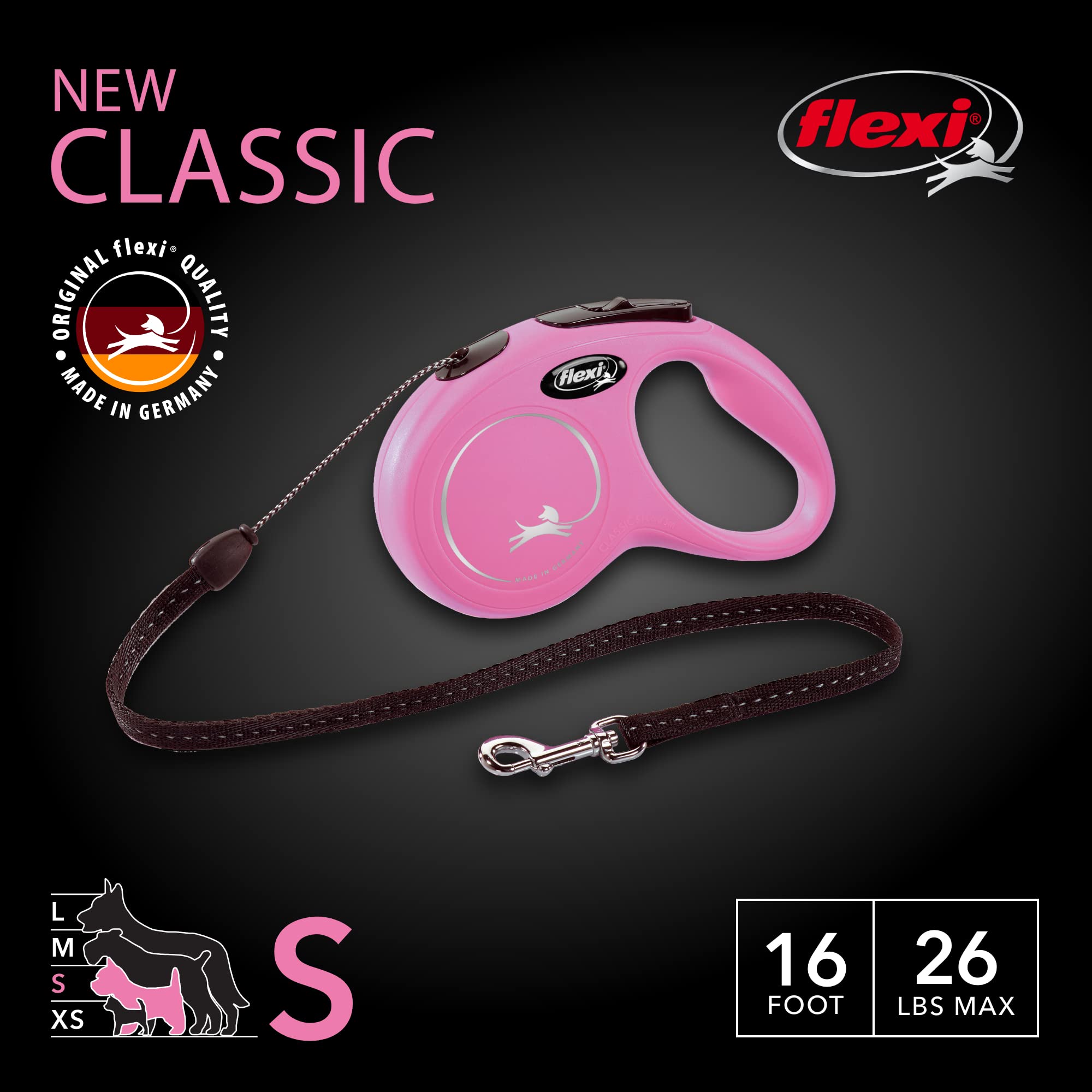 FLEXI Classic Cord Retractable Dog Leash for Small Dogs, 16 ft, Pink, Tangle-Free with One-Handed Brake, Model CL10C5.250.P.20