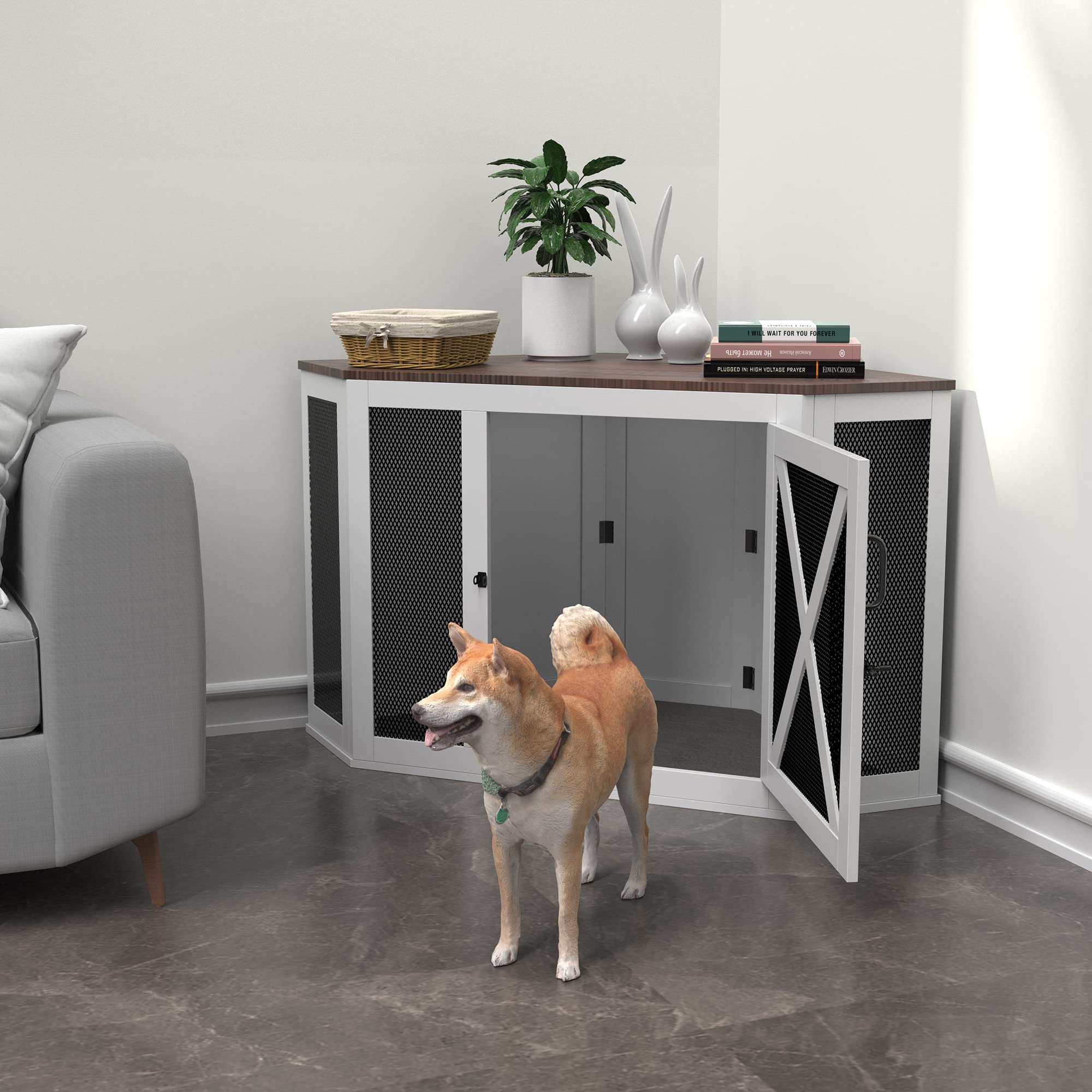 Xilingol Wooden Dog Crate Furniture, Decorative End Table with Mesh, 26.3" x 44.5" x 23.4" for Small to Large Dogs, Indoor Use