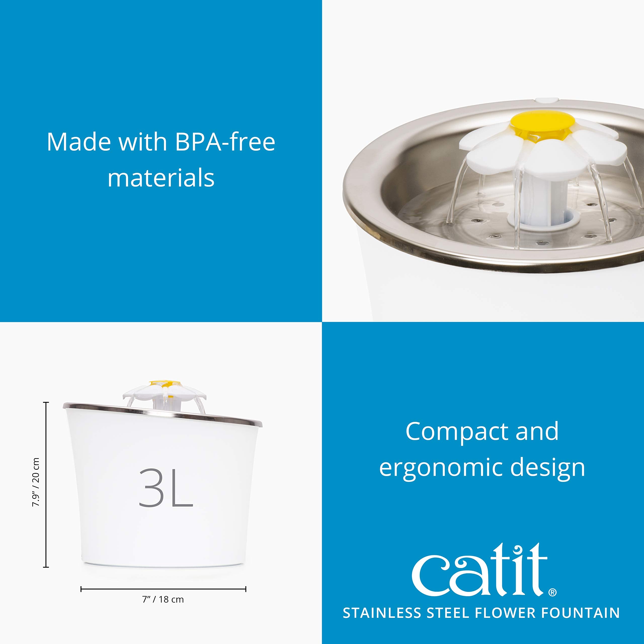 Catit Stainless Steel Flower Fountain With Triple Action Filter, Cat Drinking Water Fountain, 3 L