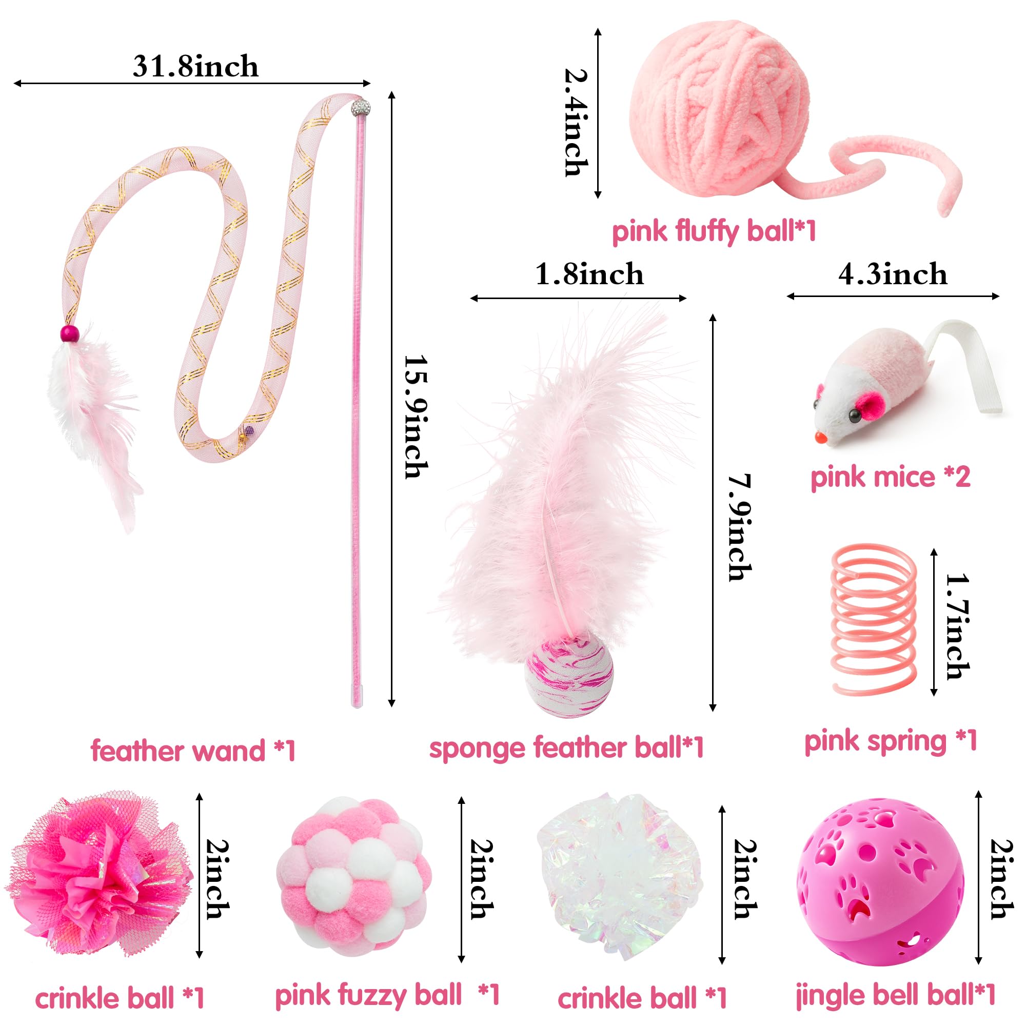 Mallmall6 10Pcs Cat Toy Set Interactive Cat Toys Pack Including Feather Teaser Wand Cat Springs Mice Crinkle Balls And Pet Bell Balls, Puzzle Toys For Indoor Cats Gift (Pink)