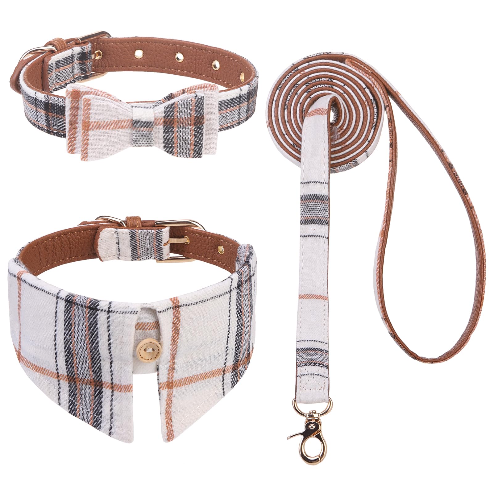 Expawlorer Dog Collar And Leash Set - Classic Plaid Medium Dog Collar With Bow Tie, Cute Collar And Leash Set, Adjustable Dog Co