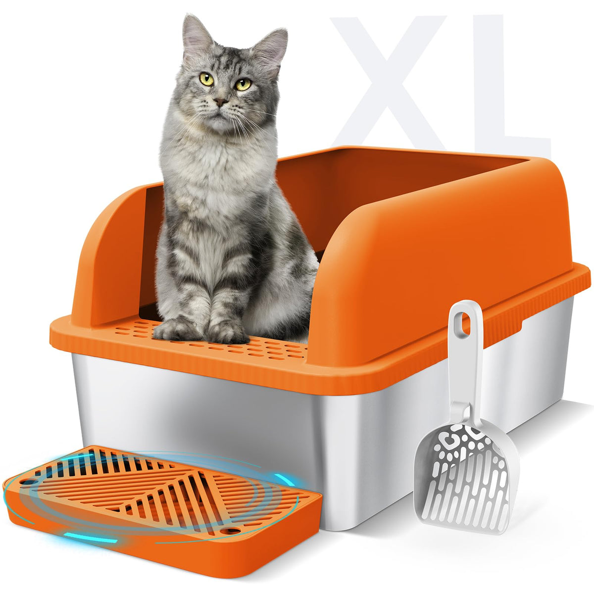 Enclosed Stainless Steel Litter Box With Lid Extra Large Litter Box For Big Cats Xl Metal Litter Box, Litter Pan Tray With High Sides Enclosure, Anti-Leakage, Easy Cleaning (Orange)