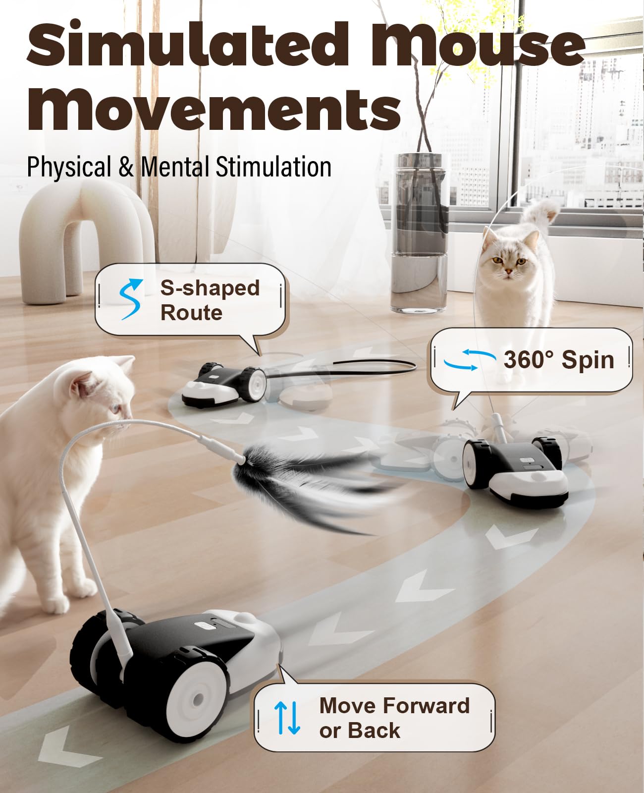 Cyros 3-In-1 Interactive Cat Toy - 2-Speed Automatic Moving Mouse Cat Toys Self Play With 2Pcs Hanging Feather String Ribbon And