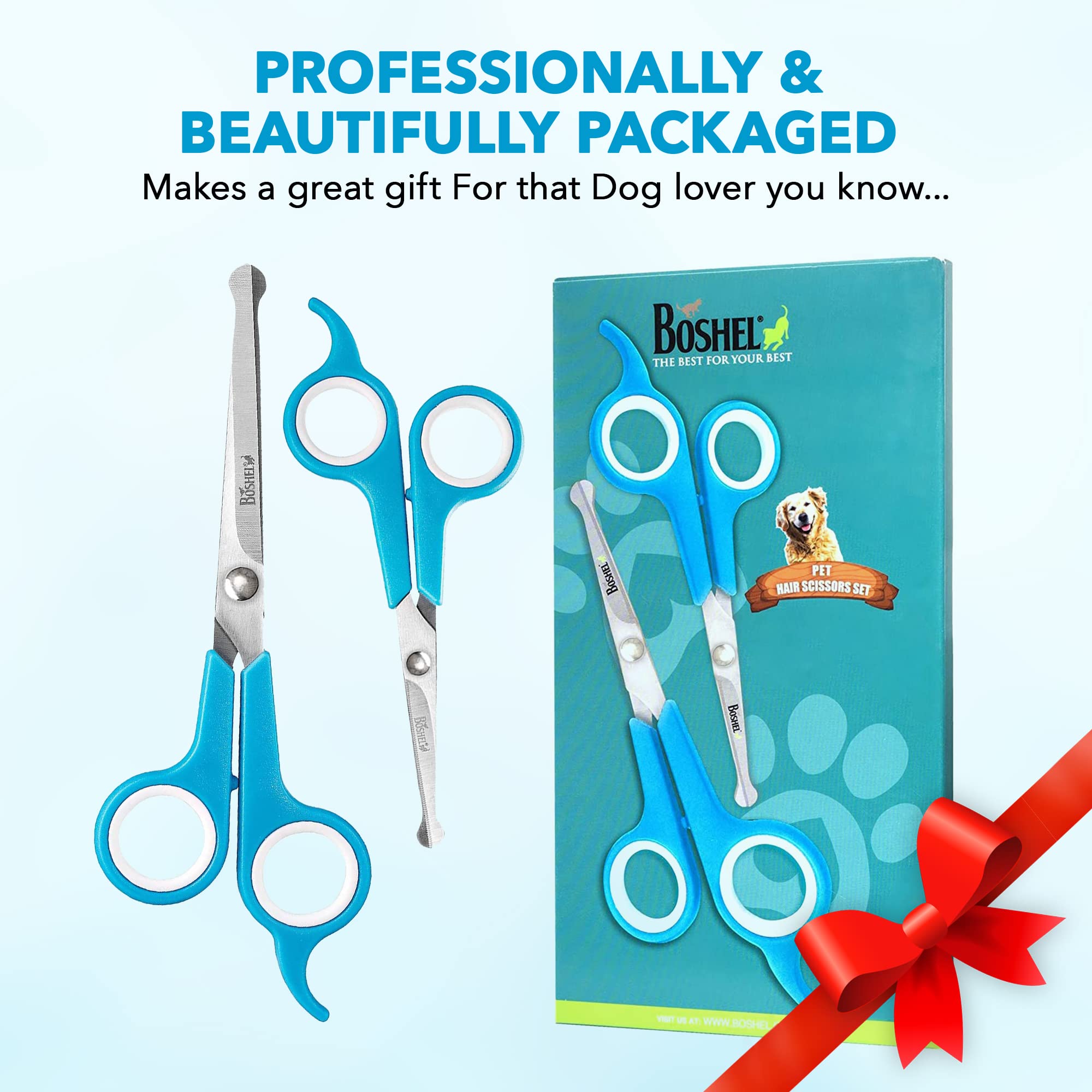 Boshel 2 Pc Dog Grooming Kit - Dog Grooming Scissors With Round Tips - 6' Micro Serrated Puppy Trimming Scissor For Face, Ear, Nose & Paw + 7' Pet Grooming Shear Cutting More Hair - Dog Scissors Set