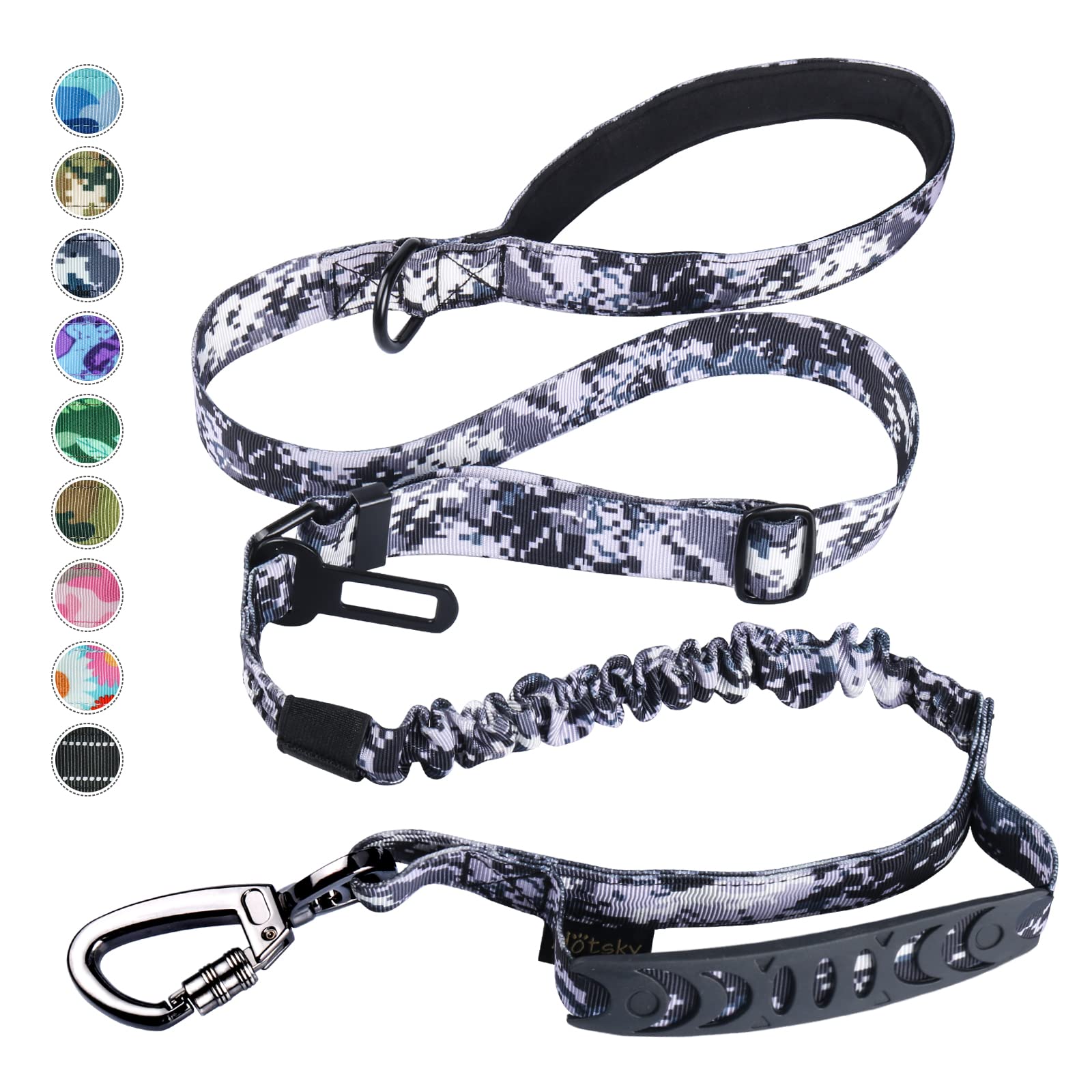 Hotsky Tactical Dog Leash Heavy Duty,4-6Ft Strong Bungee Shock Absorbing Lead With Padded Double Handle,Car Seatbelt,Metal Carab