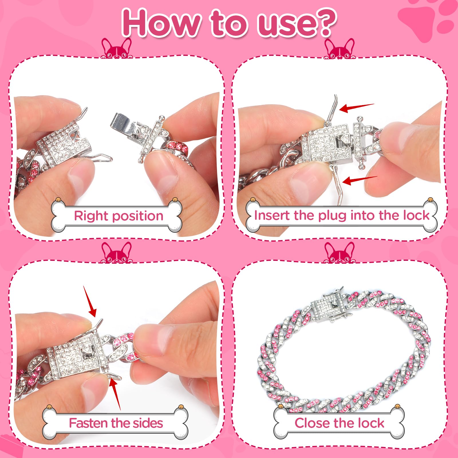 9Inch Glitter Dog Collar Pink Silver Diamond Collars Cuban Girl Necklace Puppy Pet Metal Link Chain With Buckle Christmas Pet Jewelry Accessories Chain For Small Dogs Cats