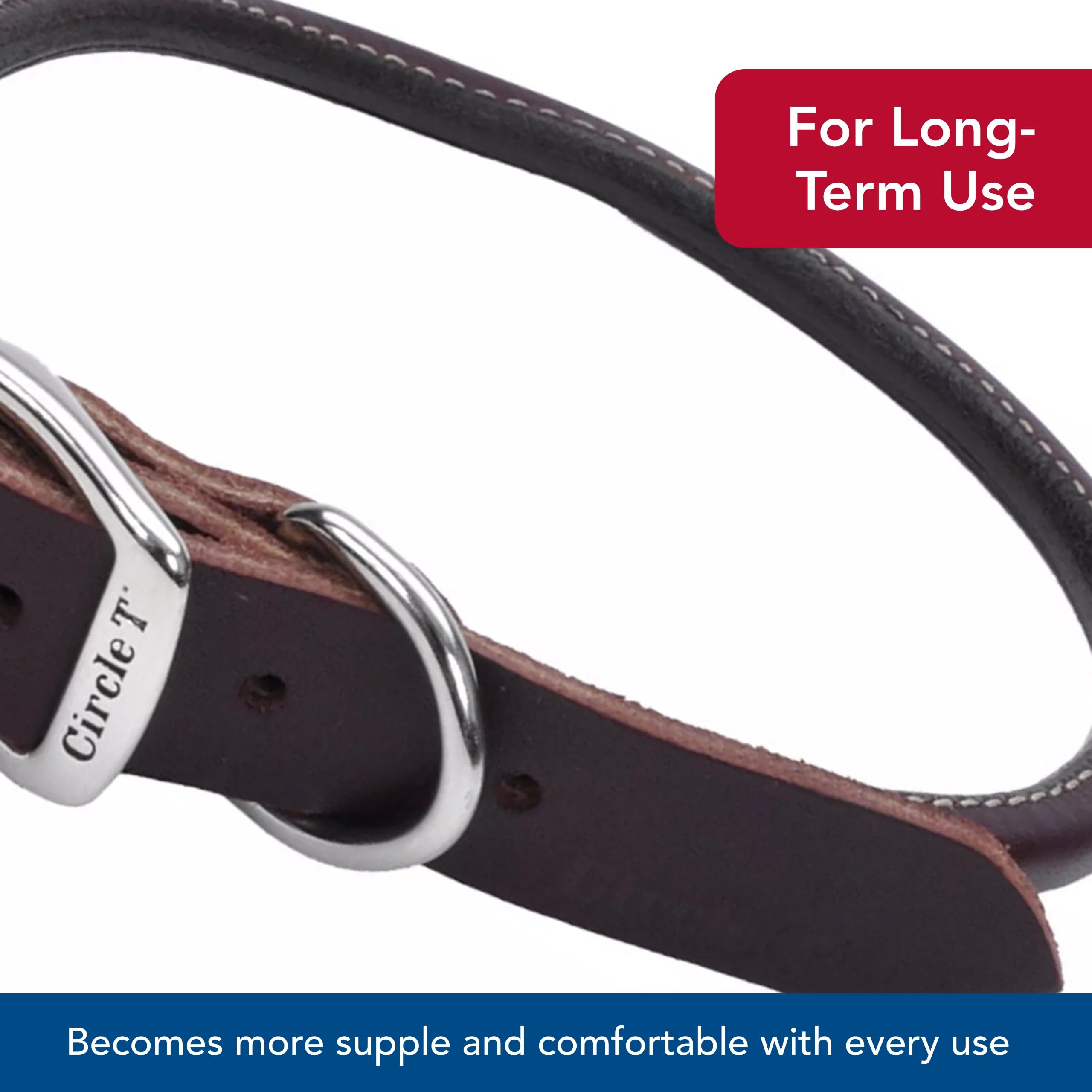 Coastal Pet Circle T Latigo Leather Round Dog Collar - Handcrafted Leather Pet Collar For Dogs - Comfortable For Dogs With Long Hair Or Sensitive Skin - 3/8' X 20'