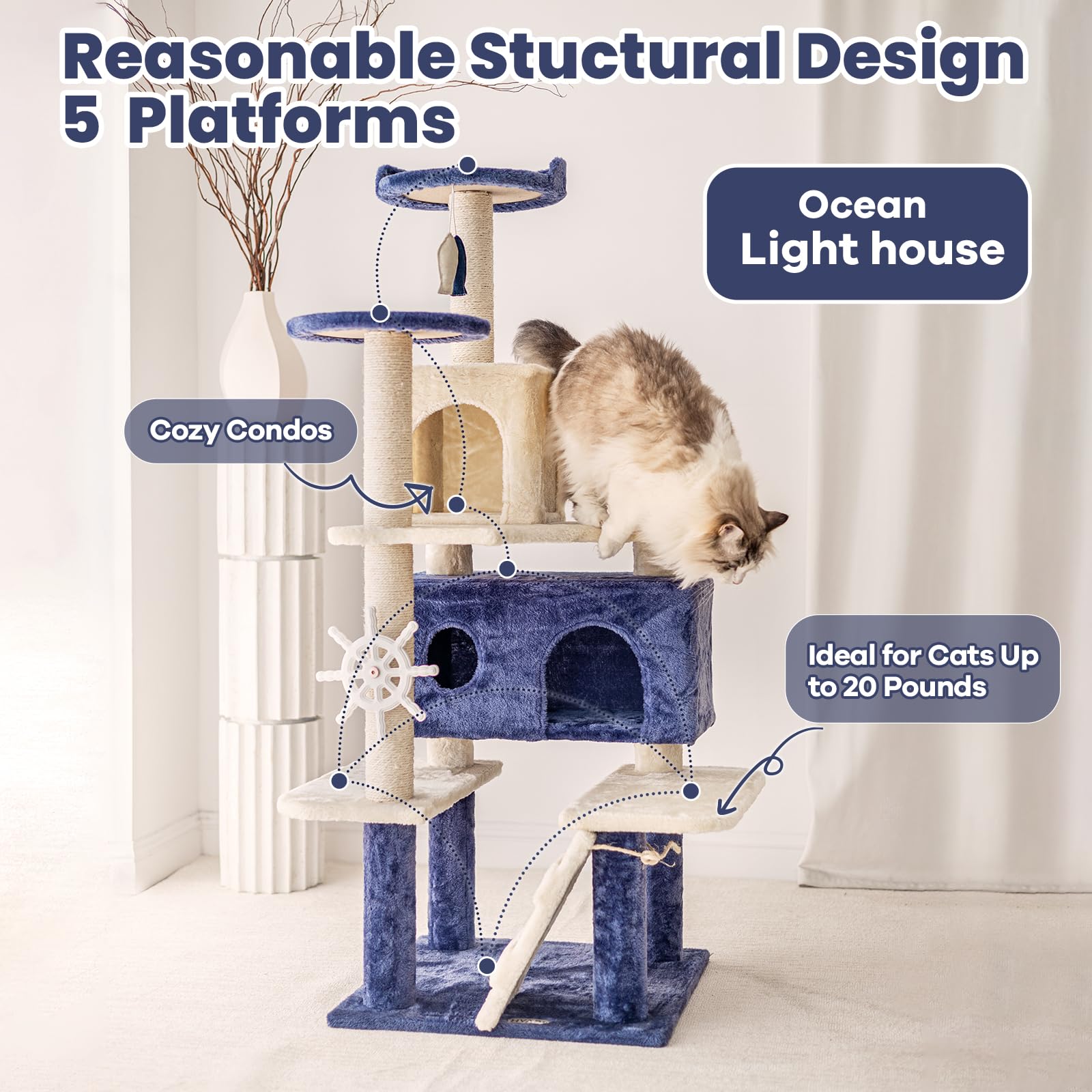 Hyabi 53 Inch Multi-Level Cat Tree Tower With Cozy Condo Furniture Apartment Plush Amusement Platform With Scratch Posts Toy Ball Pet House Play For Indoor Cats