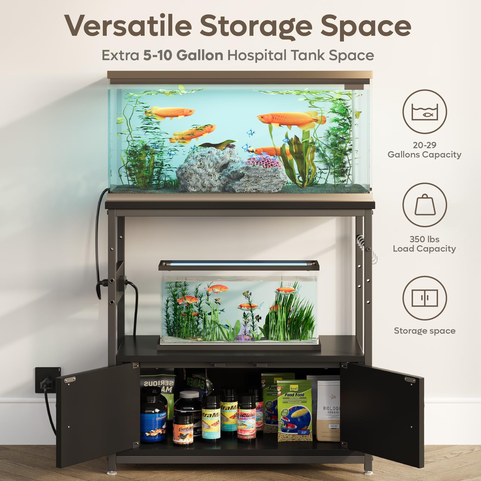 Bestier 20-29 Gallon Fish Tank Stand with Power Outlets, Metal Long Aquarium Stand with Storage Cabinet, 31x15 Reptile Terrarium