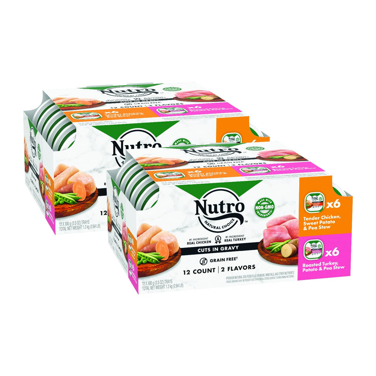 Nutro Adult Natural Grain Free Wet Dog Food Cuts In Gravy Tender Chicken, Sweet Potato & Pea Stew Recipe And Roasted Turkey, Potato & Pea Stew Recipe Variety Pack, 3.5 Oz. Trays (Pack Of 24)