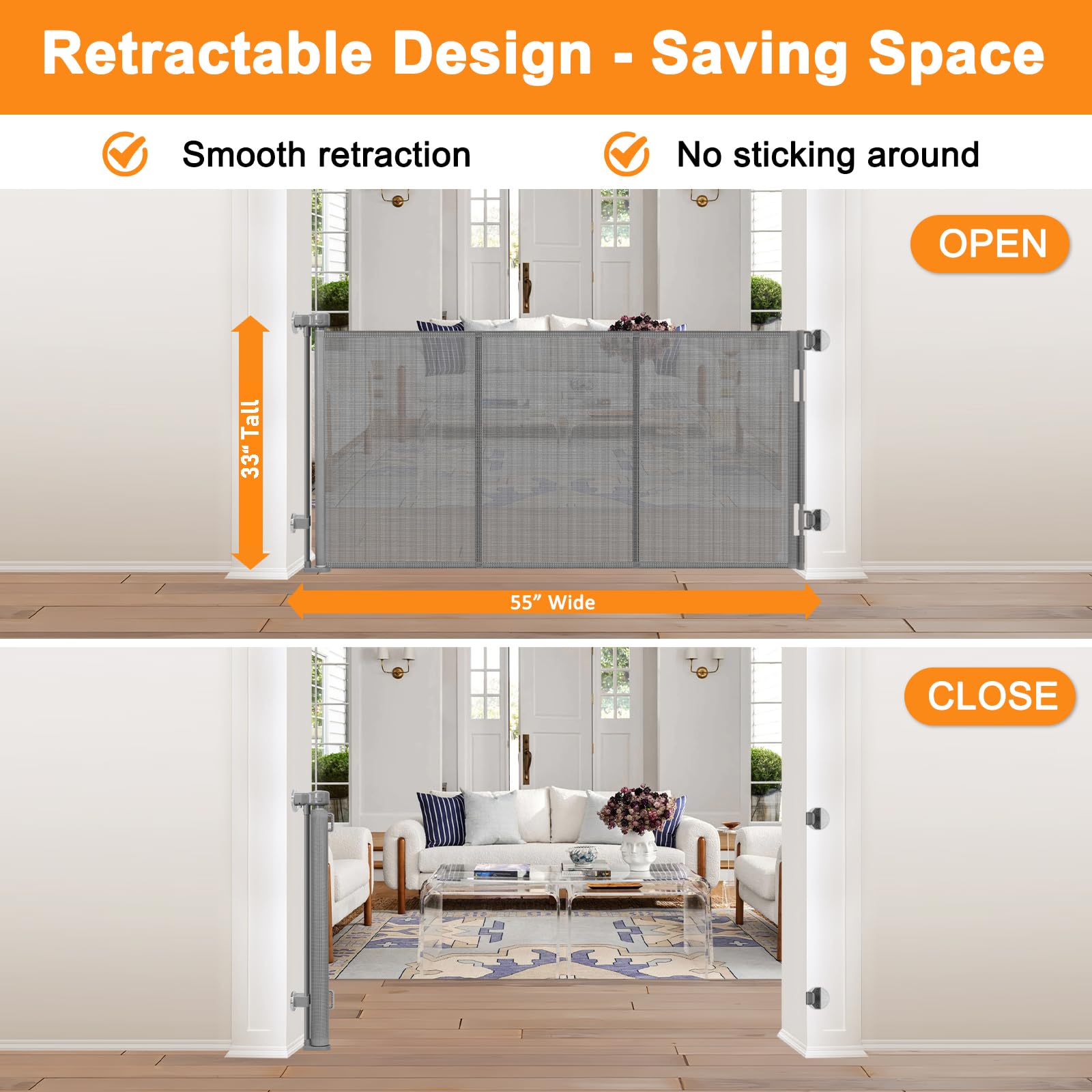 doktorbaby Retractable Baby Gate for Dogs, 55 Wide No Drill Mesh Gate with Support Rod, Gray, Model C-33