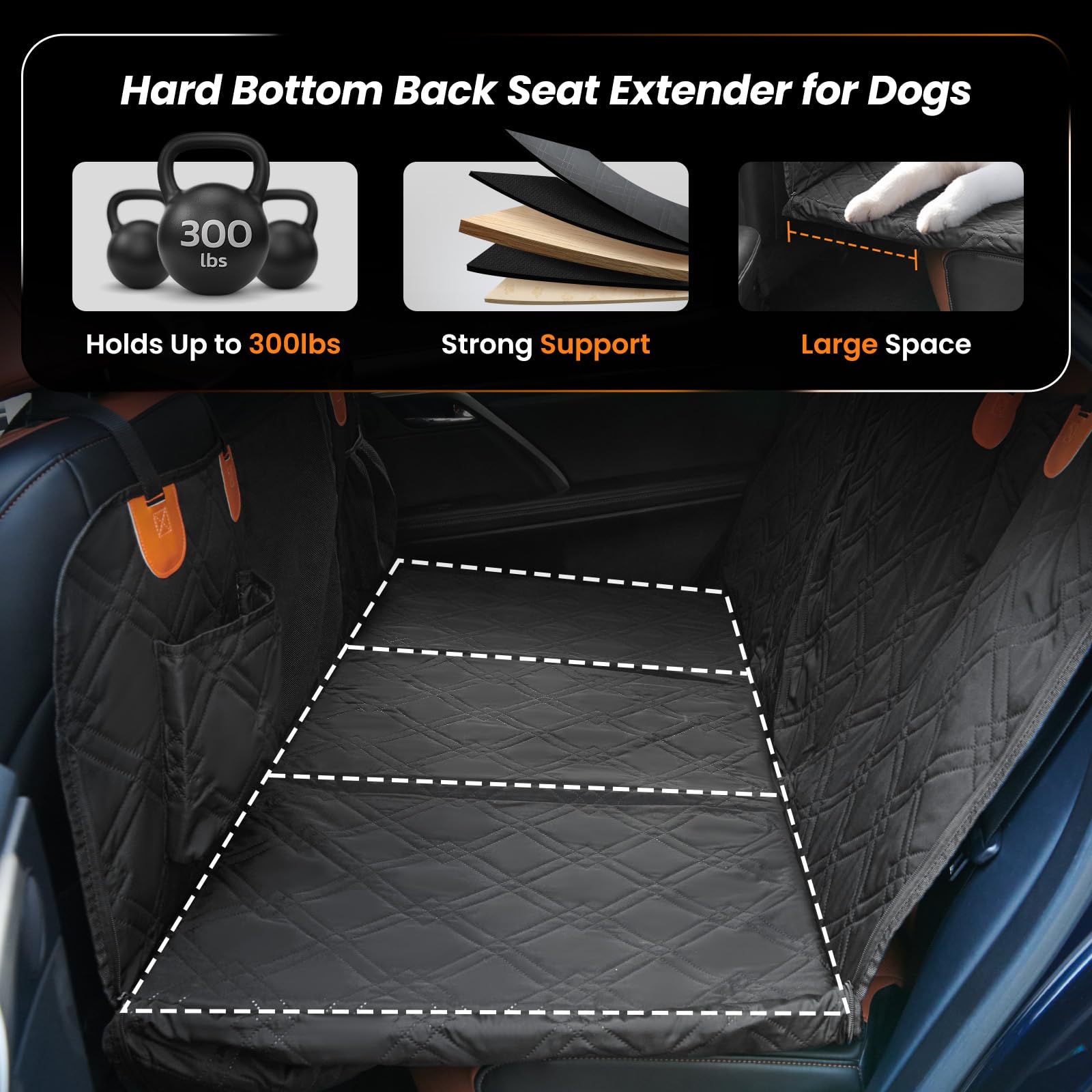 Roilpet Dog Back Seat Extender For Dogs - Hard Bottom Car Seat Cover For Dogs With Adjustable Belt - Pet Car Hammock For Back Se