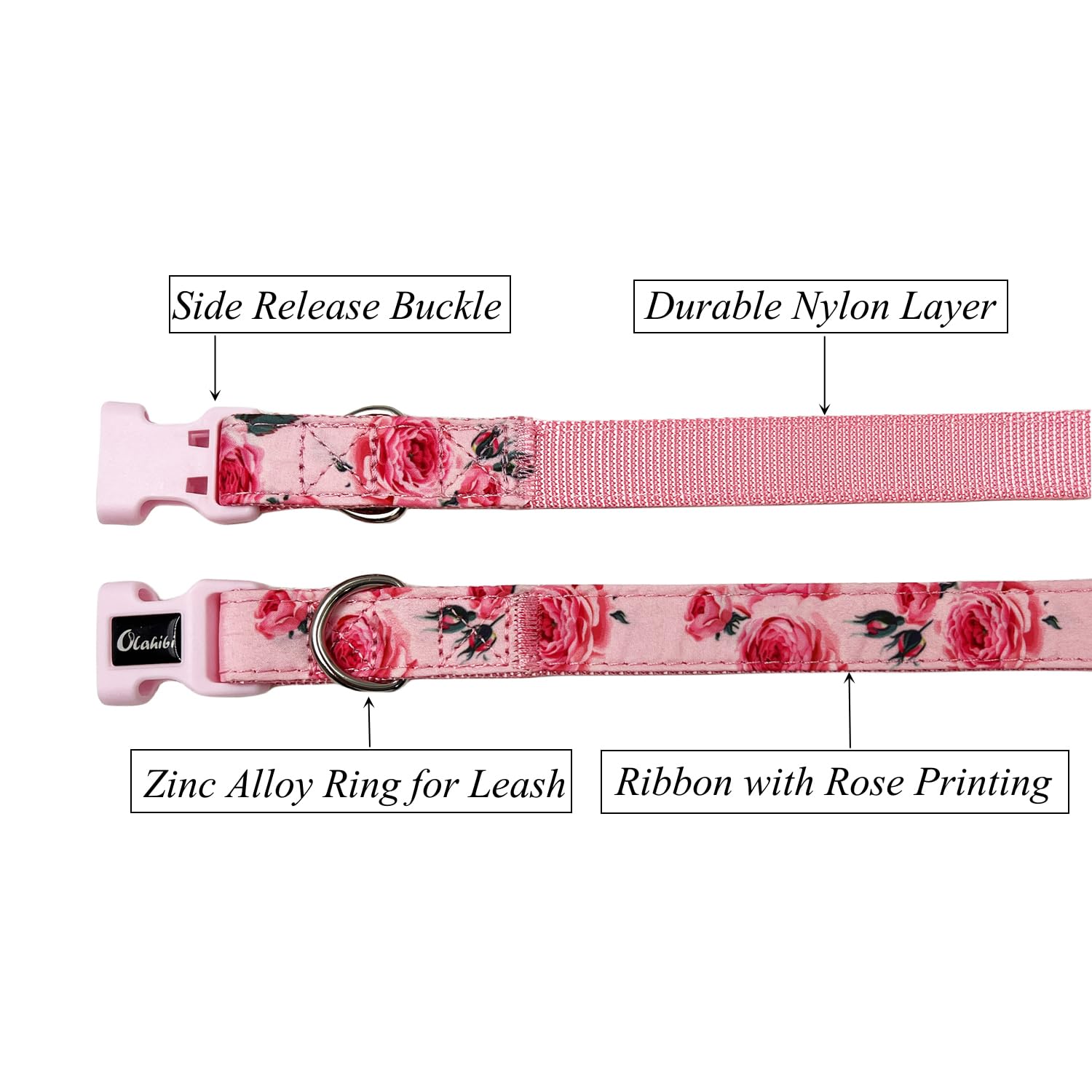Olahibi Dog Collar Leash Set, Floral Pattern, Nylon Webbing Plus Cotton Ribbon, 5Ft Matching Leash, For Medium Dogs.(M, Pink Ros