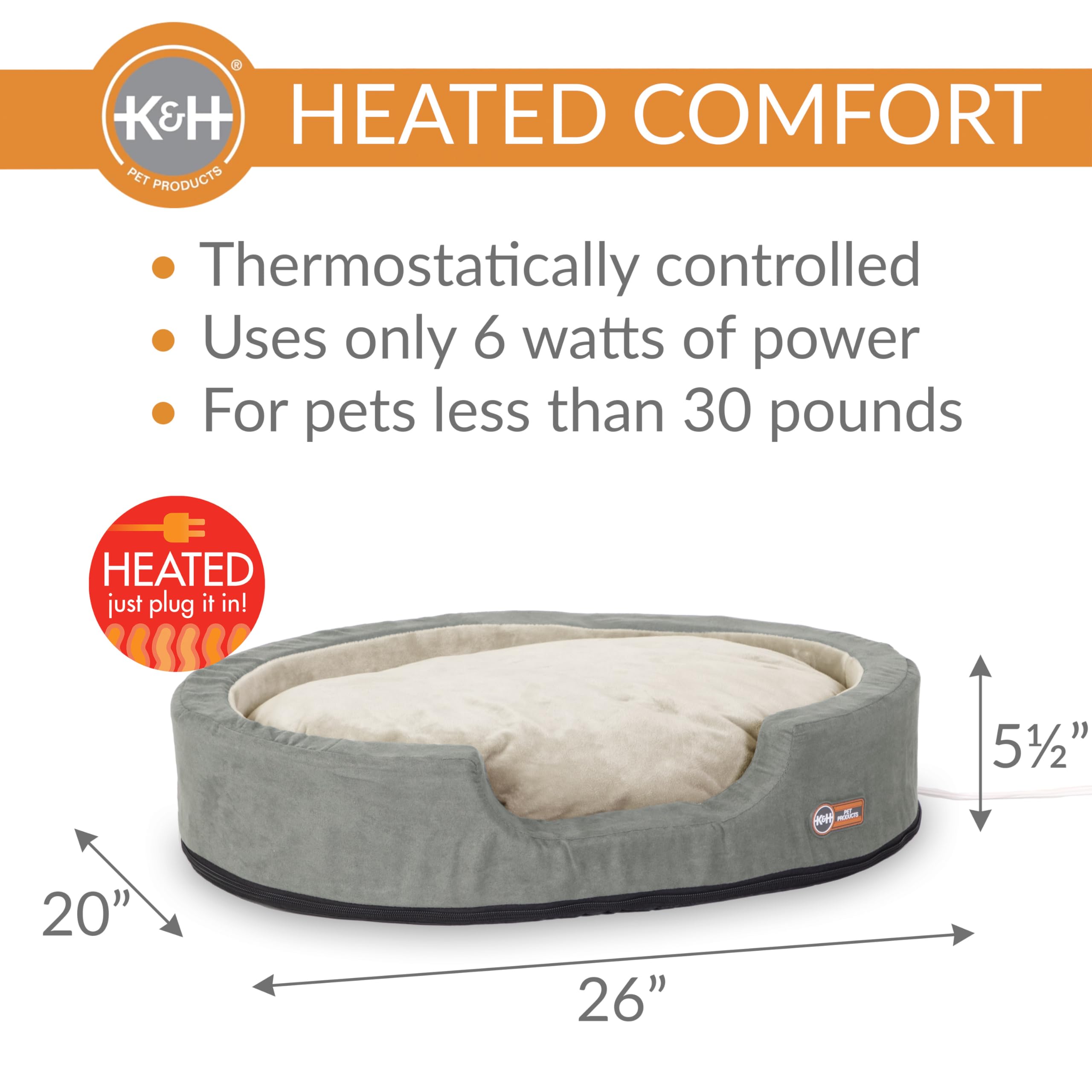 K&H Pet Products Heated Dog Bed Indoor, Thermo-Snuggly Sleeper with Removable Waterproof Heated Pad, Calming Pillow Pet Bed, Mac