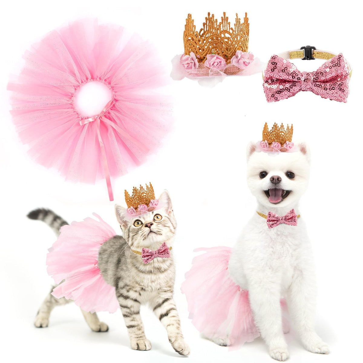 Bingpet Doggy Tutu Skirt Dog Cat Birthday Party Supplies,Cat Dogs Wedding Dresses With Bowtie And Dog Party Hats Princess Crown Hat Set,Sweet Gift For Small To Medium Dogs Cat