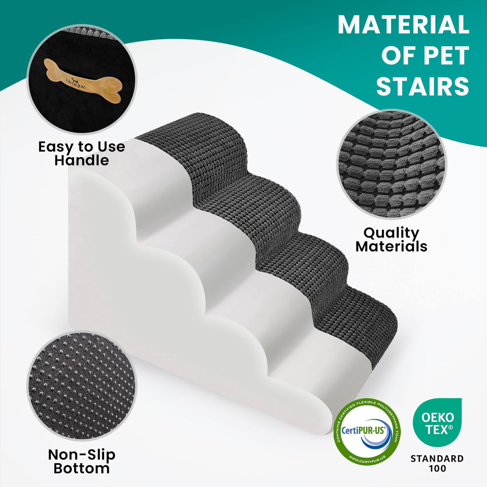 Blunique 5-Step Dog Stairs For High Beds And Couch, Foam Ramp With Durable Non-Slip Waterproof Fabric Cover, Grey Pet Stairs For