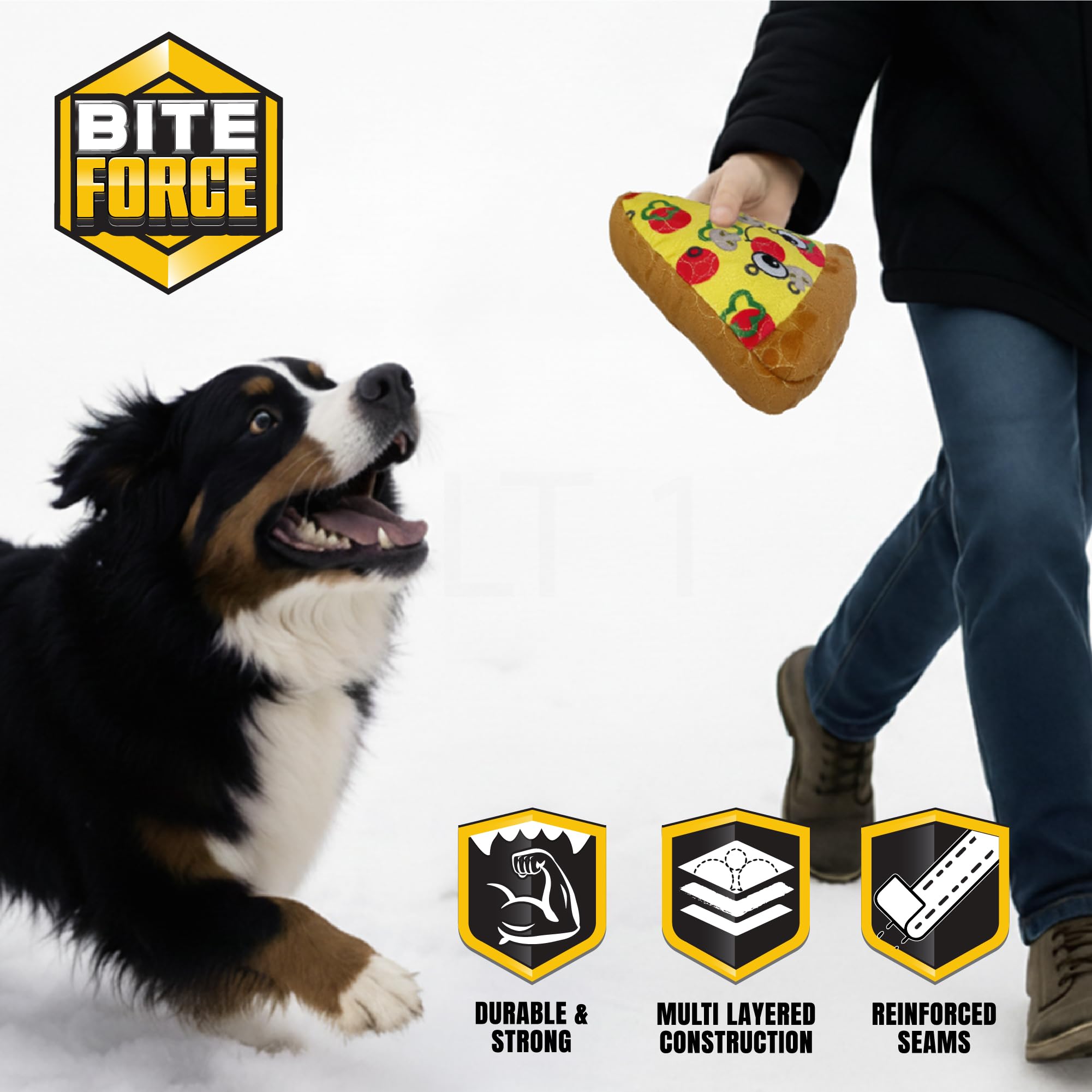 Bite Force -Durable & Strong Dog Toy Pizza Slice with Squeaker, Kevlar-Reinforced for Aggressive Chewers for Small Medium Large