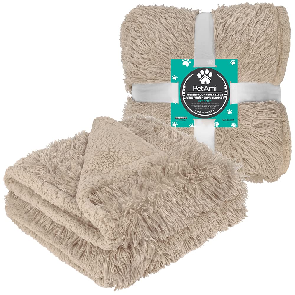 Petami Waterproof Dog Blanket For Small Medium Dogs, Calming Fleece Cat Blanket, Couch Protector Washable Sherpa Faux Fur Pet Throw For Puppy, Soft Reversible 29X40 Taupe