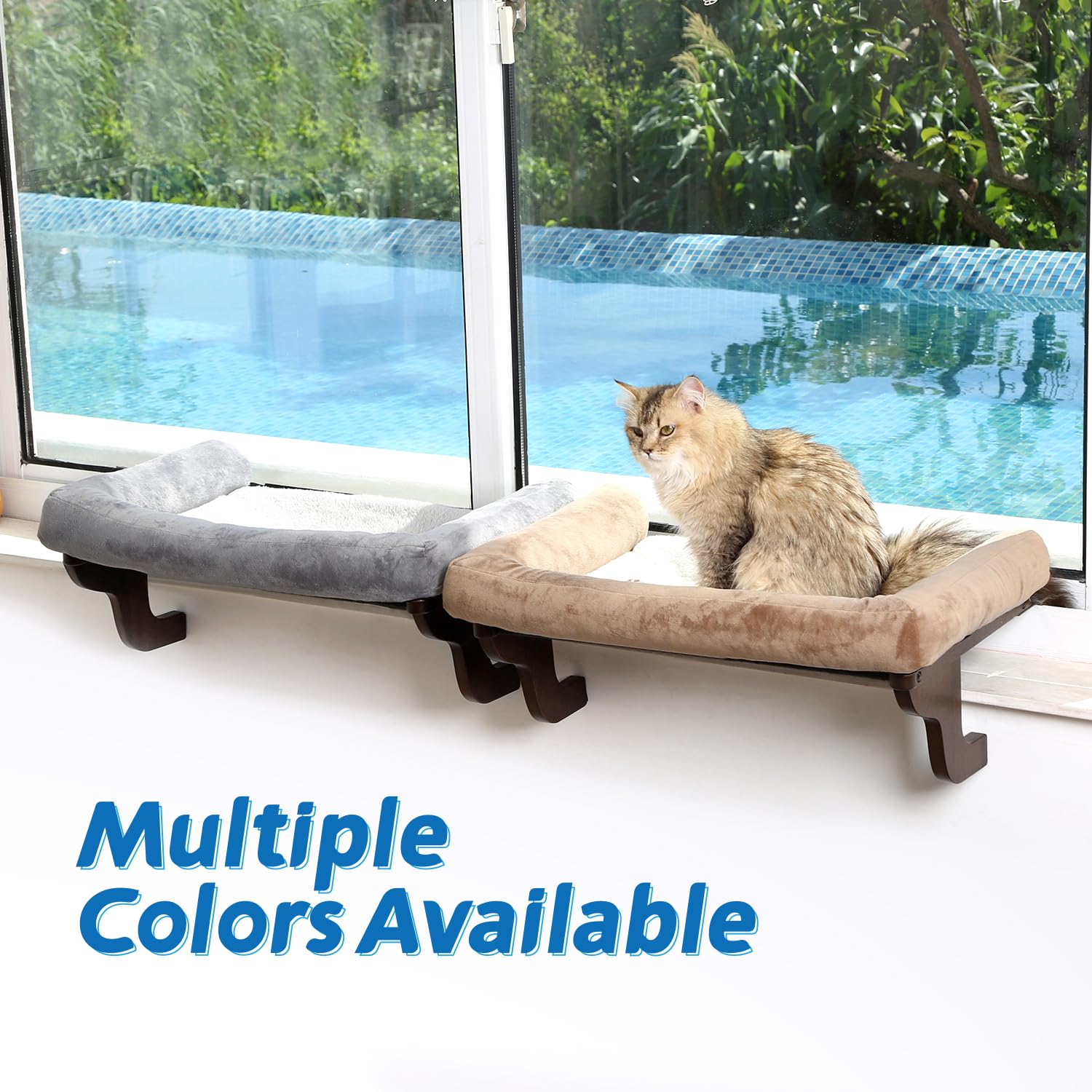 Zakkart Cat Perch For Window Sill With Bolster - Orthopedic Hammock Design With Premium Hardwood & Robust Metal Frame - Cat Window Seat For Large Cats And Kittens - Dark Stained Wood With Brown Bed