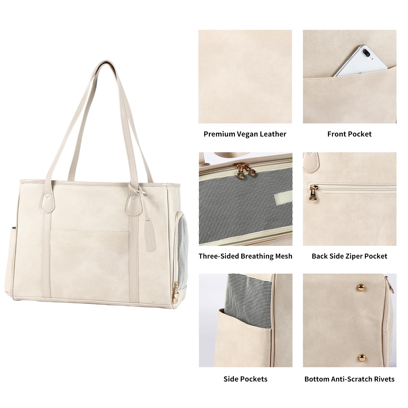 Monanller Stylish Dog Purse Carrier, Leather Pet Carrier Bag For Small Dogs Cats Puppy, Airline Approved Soft-Sided Carrier Beig