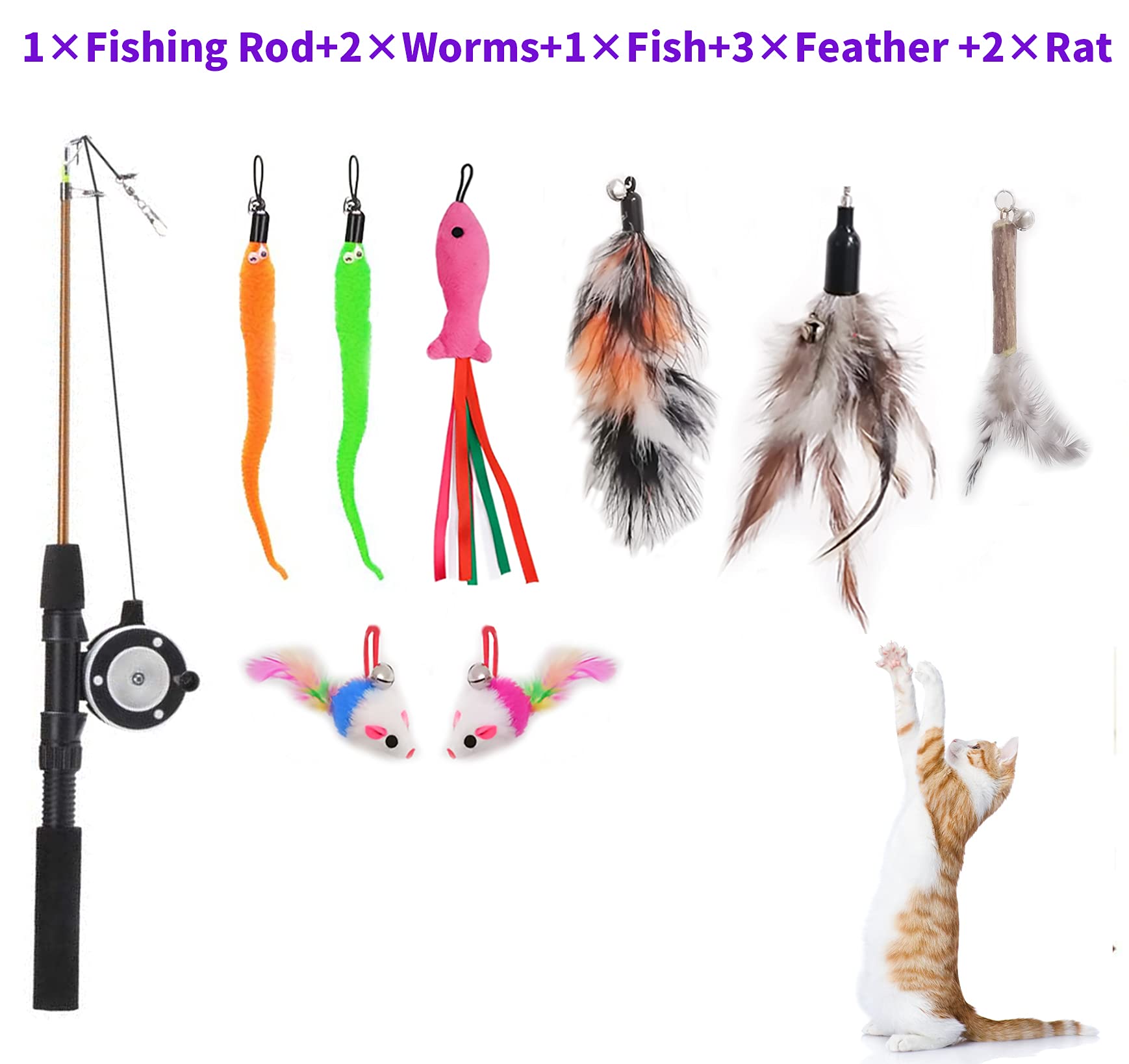 Whefory Retractable Cat Teaser Wand Toy, Cat Toys For Indoor Outdoor Cats Interactive Fishing Rod With 8 Pcs Refills Feather Toy, Plush Mouse Caterpillar & Fish