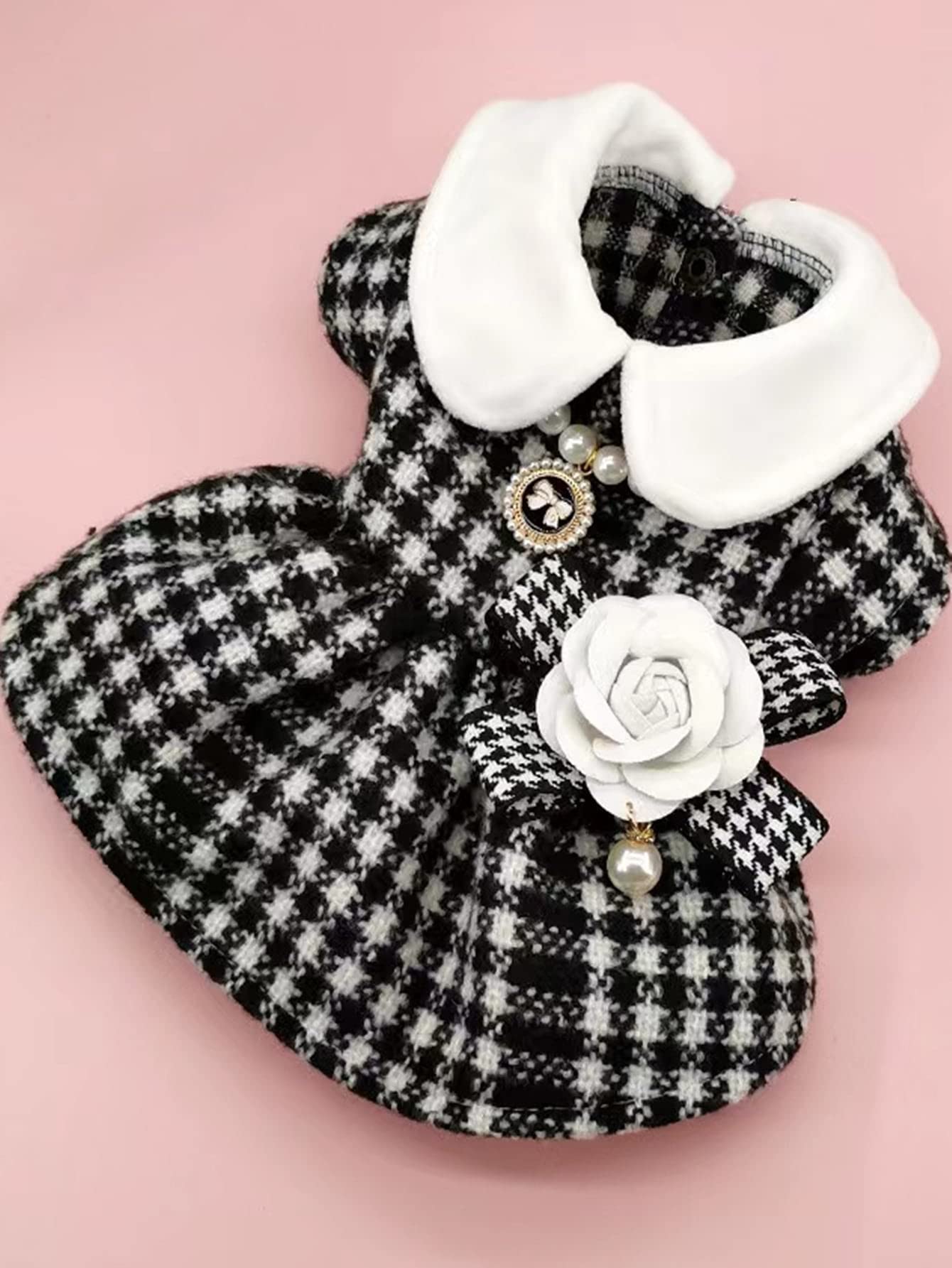 Qwinee 3Pcs Dog Dress & Flower Bow & Necklace Set Geometric Princess Dress With Flower Bow Deco Puppy Skirt With Pearls Jewelry