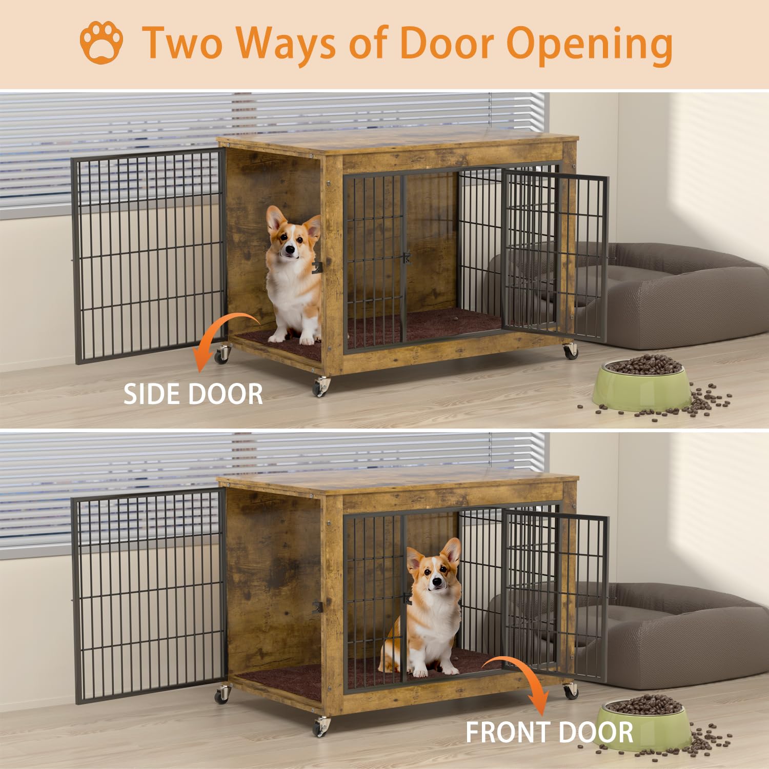 PRETZI Dog Crate Furniture with Cushion,32  Wooden Dog Crate nightstand with Double Doors, Brown Kennel Indoor with Wheels, Deco