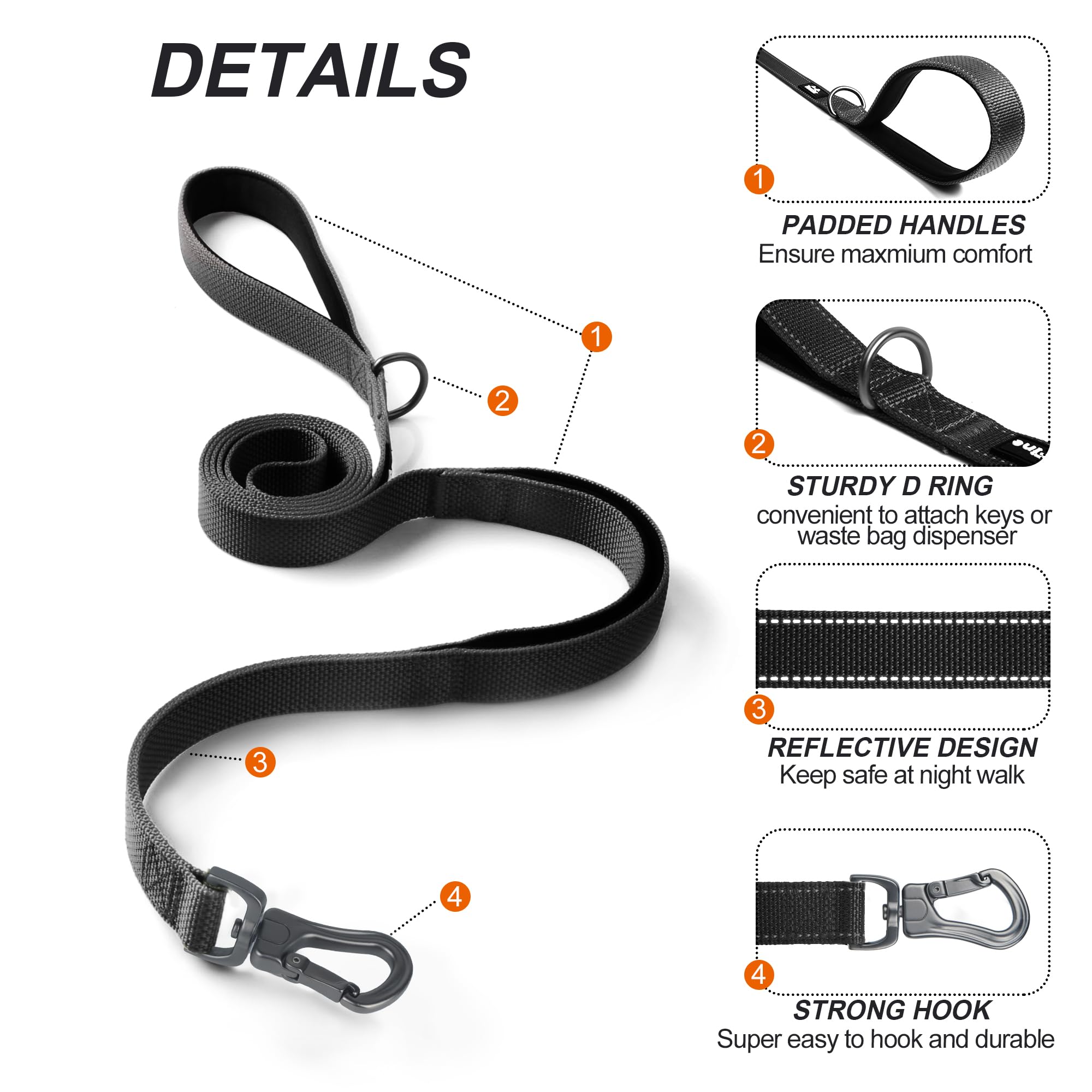 TwoEar Dog Leash - 4FT, 1IN, Black, Dual Padded Handles, Reflective, Auto Lock Hook for Small, Medium & Large Dogs